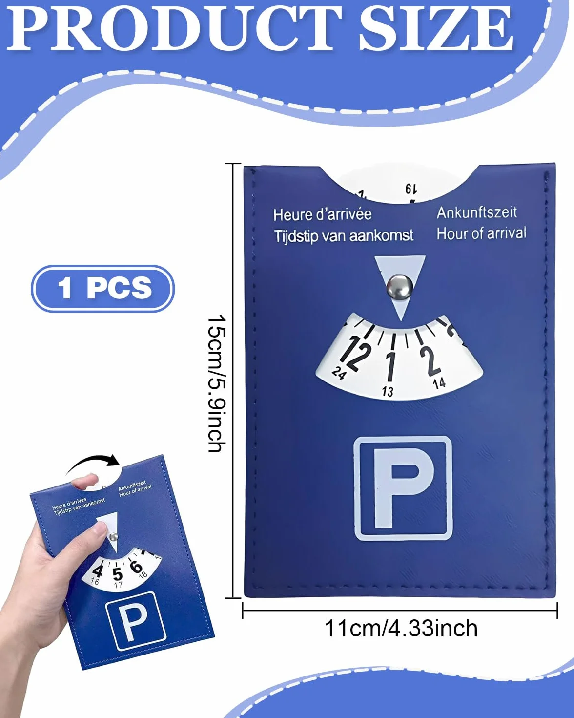 GRETY Disco Horario de Lujo Grande para Estacionamiento, Modelo Europeo Multilingüe, en Cuero Sintético Suave al Tacto, 10x13cm, para Coche, Moto, Azul