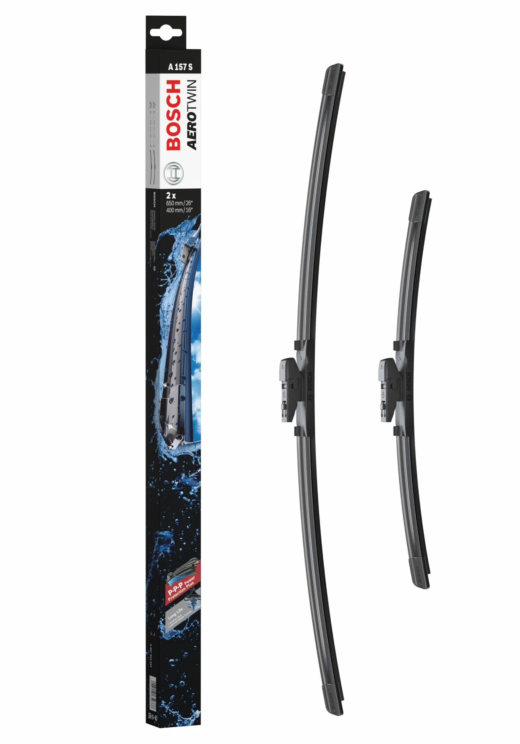 Escobilla limpiaparabrisas Bosch Aerotwin A157S, Longitud: 650mm/400mm − 1 juego para el parabrisas (frontal) - Válidas únicamente para vehículos con volante a la derecha (UK)