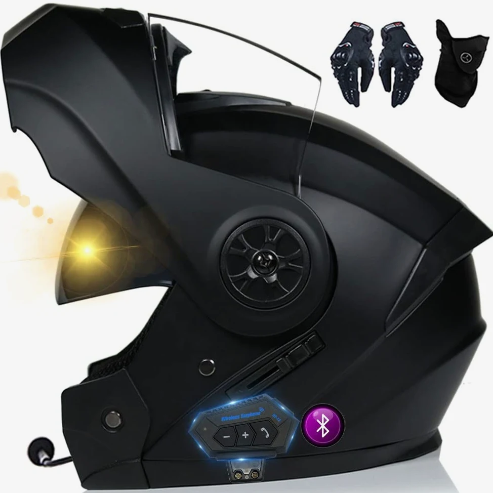 Casco De Moto Modular Bluetooth, ECE Homologado, con Doble Visera, Carcasa De Alta Resistencia, Diseño Liviano, Adecuado para Hombres Y Mujeres Adultos, Guantes Y Máscara Gratis