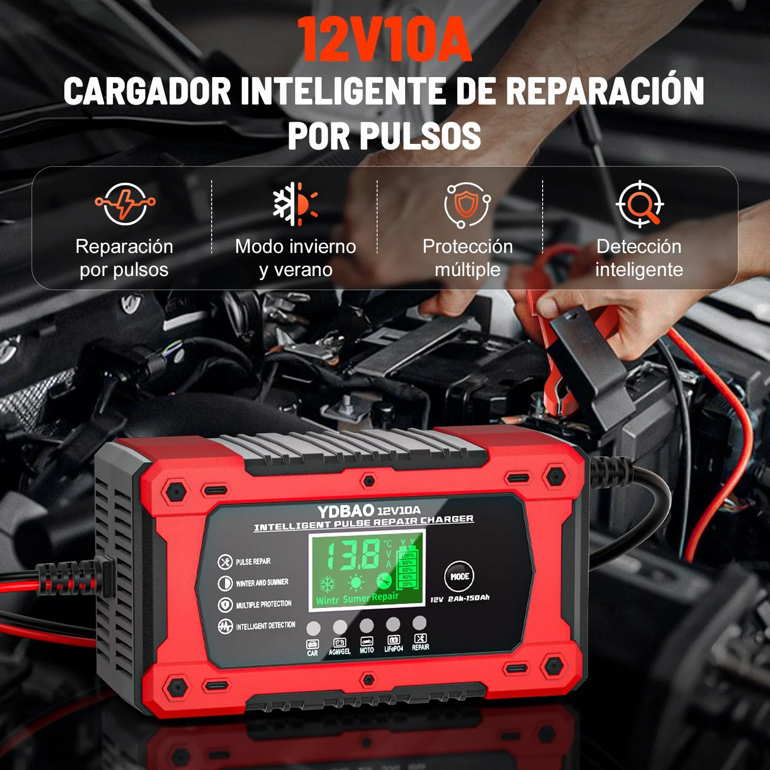 YDBAO Cargador de Batería de Coche 12V 10A Cargador Baterias Coche y Moto Inteligente con Reparación y Múltiples Protecciones y Pantalla LCD Cargador bateria para Auto,Moto, Camión, AGM, Gel,SLA