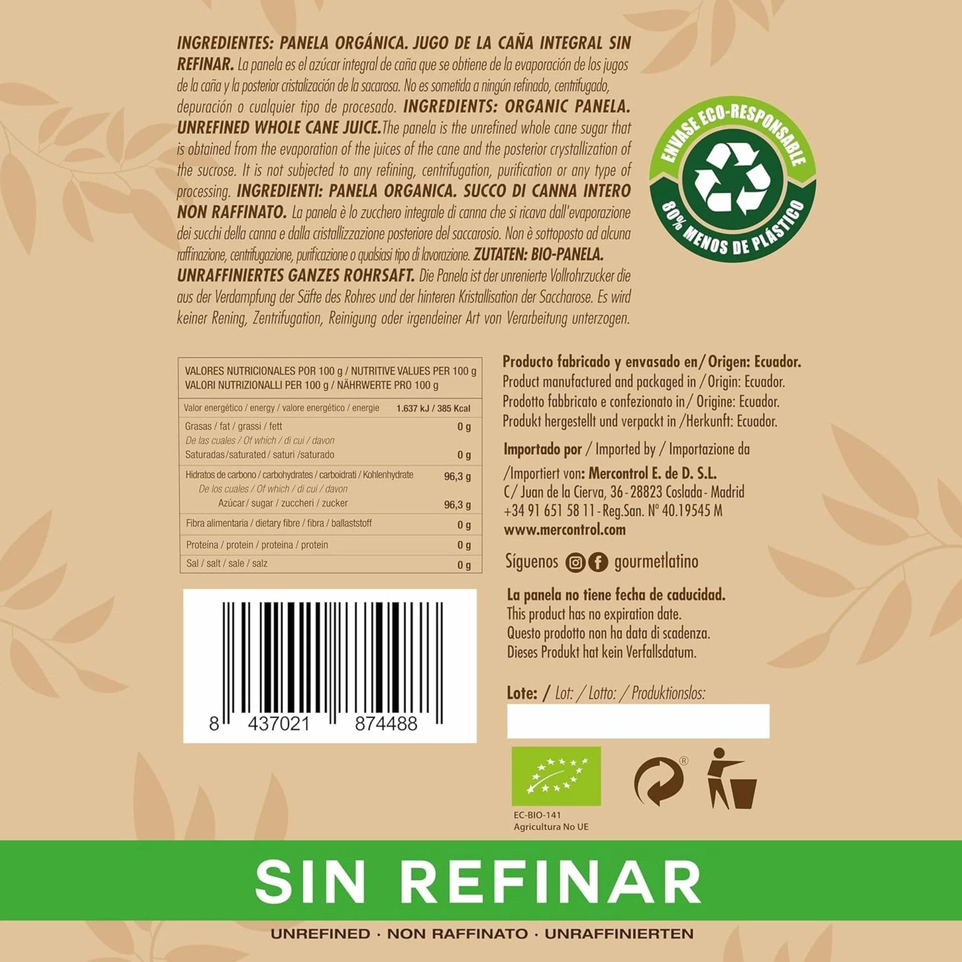Panela Orgánica 500 g Rica en Vitaminas y Minerales Antioxidantes de Caña de Azúcar Sin Refinar