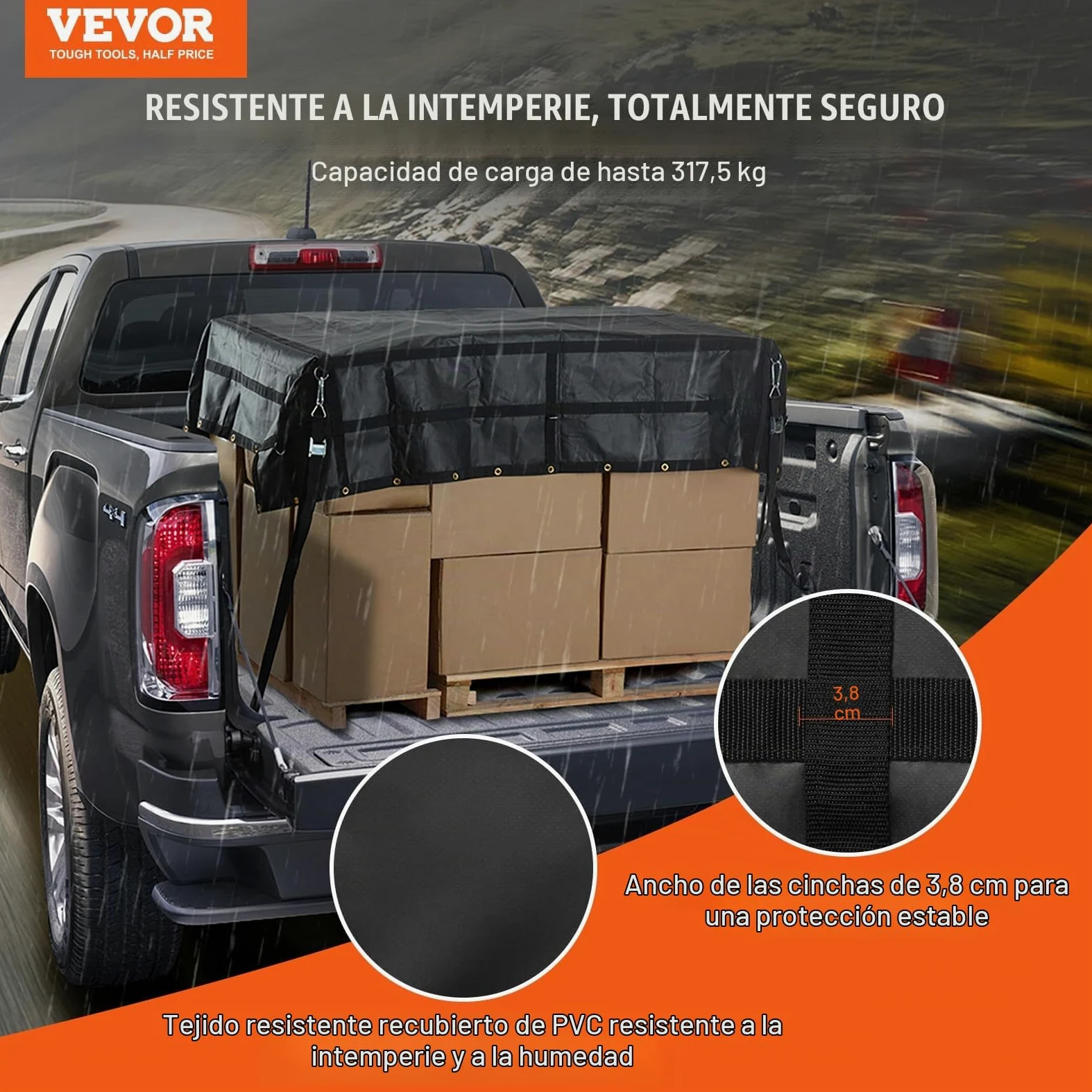 VEVOR Red de Carga de 2440 x 2060 mm Red de Carga Resistente de Carga de 318 kg, 4 Correas Ajustables con Mosquetones y Ganchos Recubiertos de Goma, Red de Transporte para Camiones, Jeeps, Barcos