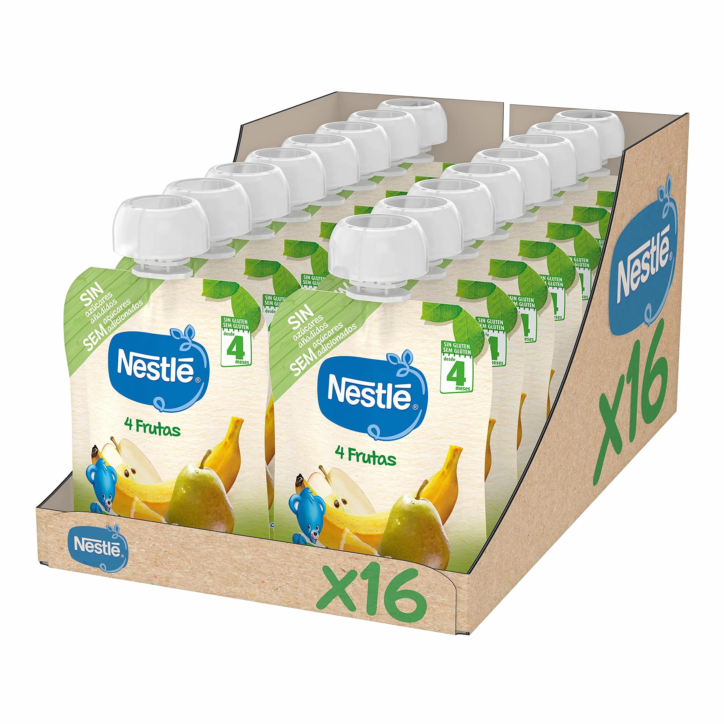Nestlé Papillas Bolsita de puré de frutas 4 Frutas 90 g Paquete de 16