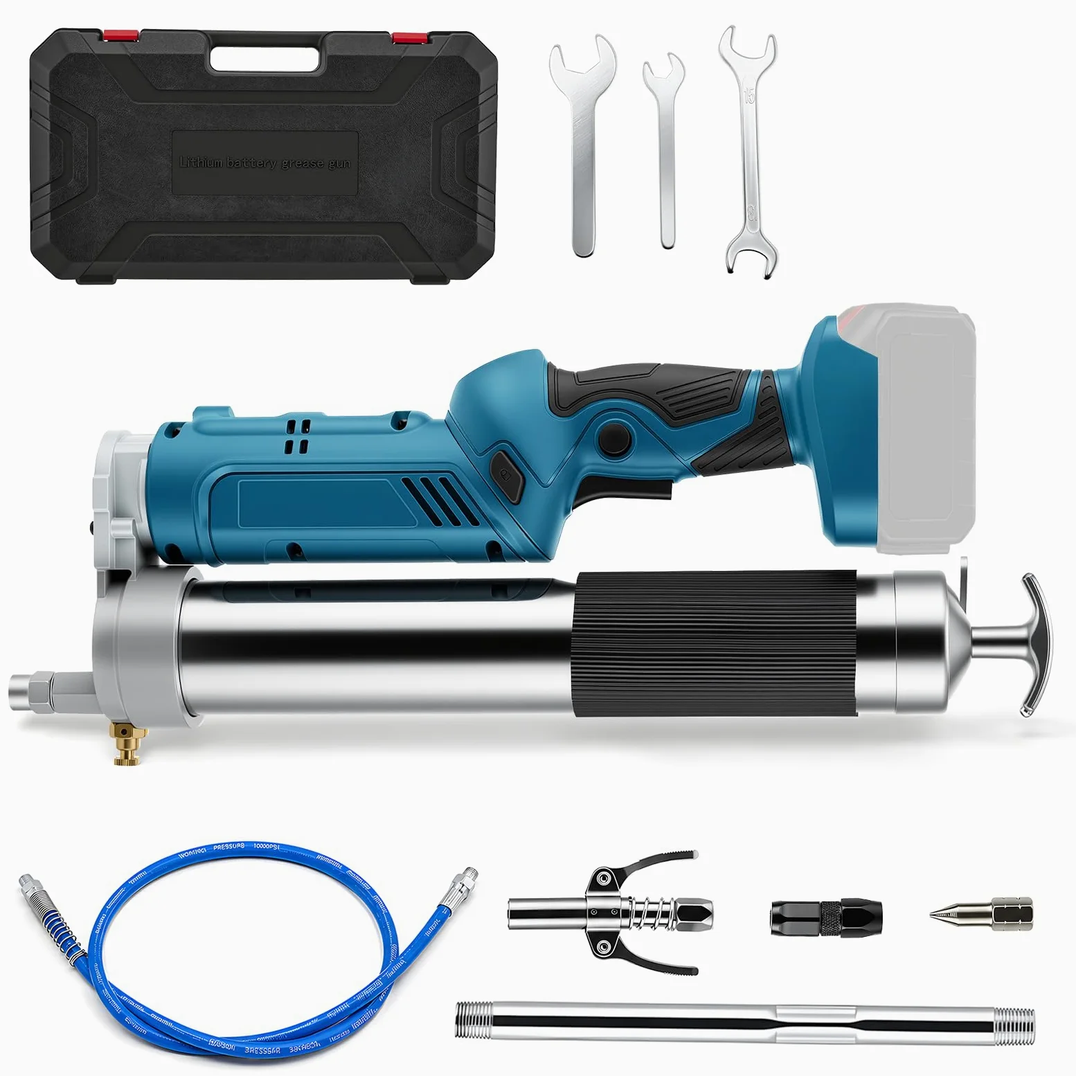 Engrasadora Eléctrica 12000PSI 5.4oz/min, Kit con Manguera 1m y 3 Boquillas