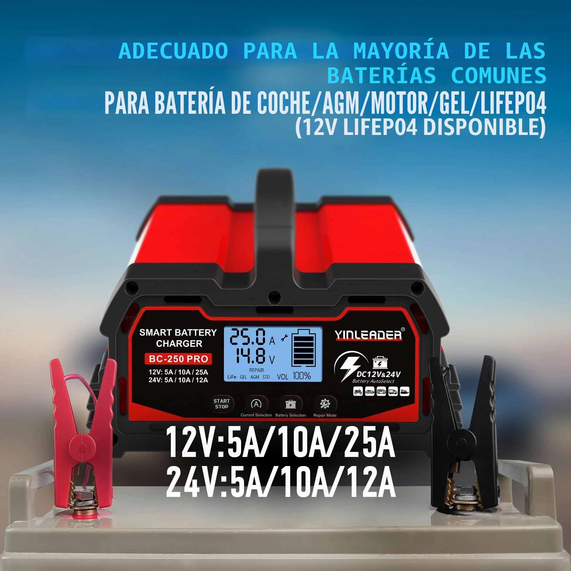 Yinleader Cargador de batería para automóvil 25A 12V/24V 12A/10A/5A Cargador de batería para automóvil Cargador Inteligente con Pantalla LCD, para batería de 12V LiFePO4