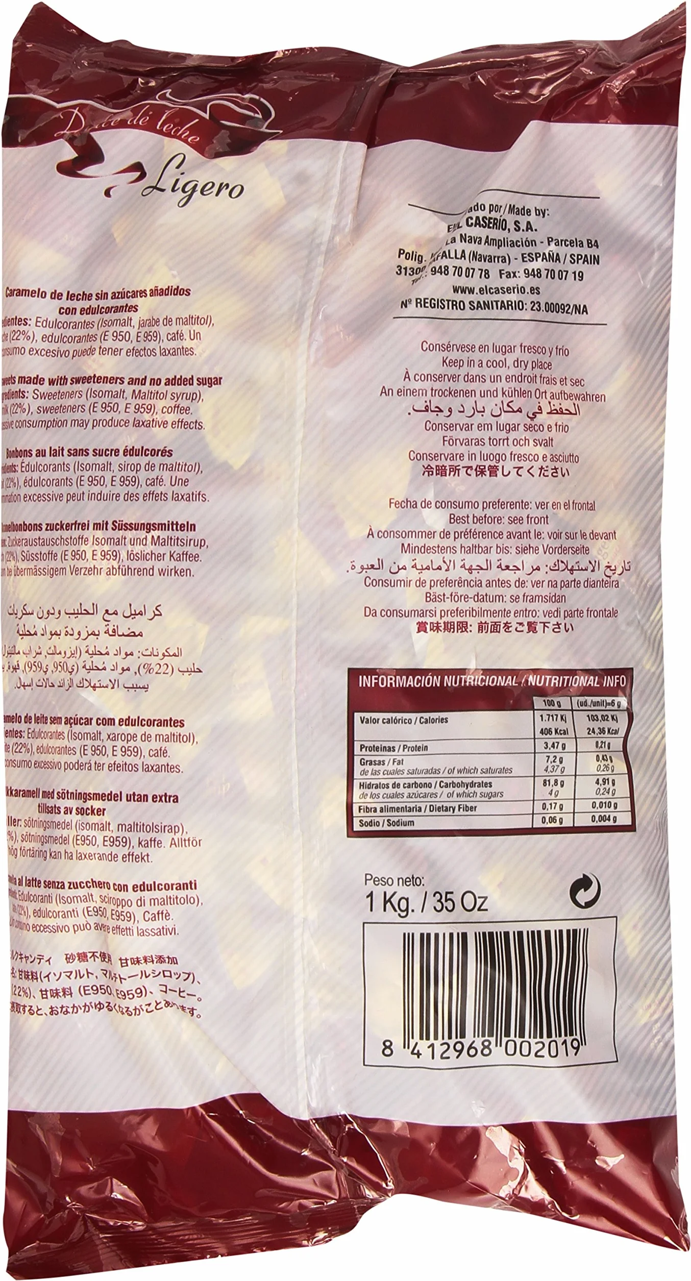 El Caserio De Tafalla Ligeros Caramelo de leche sin azúcares añadidos con edulcorantes 1 kg