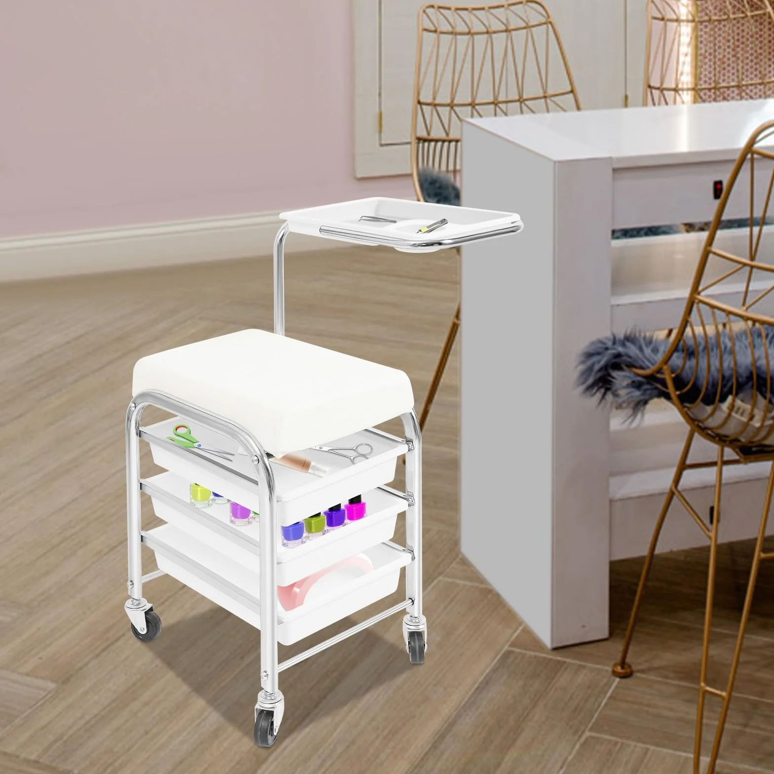Carro de manicura regulable en altura blanco 100 kg 3 capas ruedas bandeja 20,87-30,31 pulgadas 12,2 x 14,96 x 17,32 pulgadas