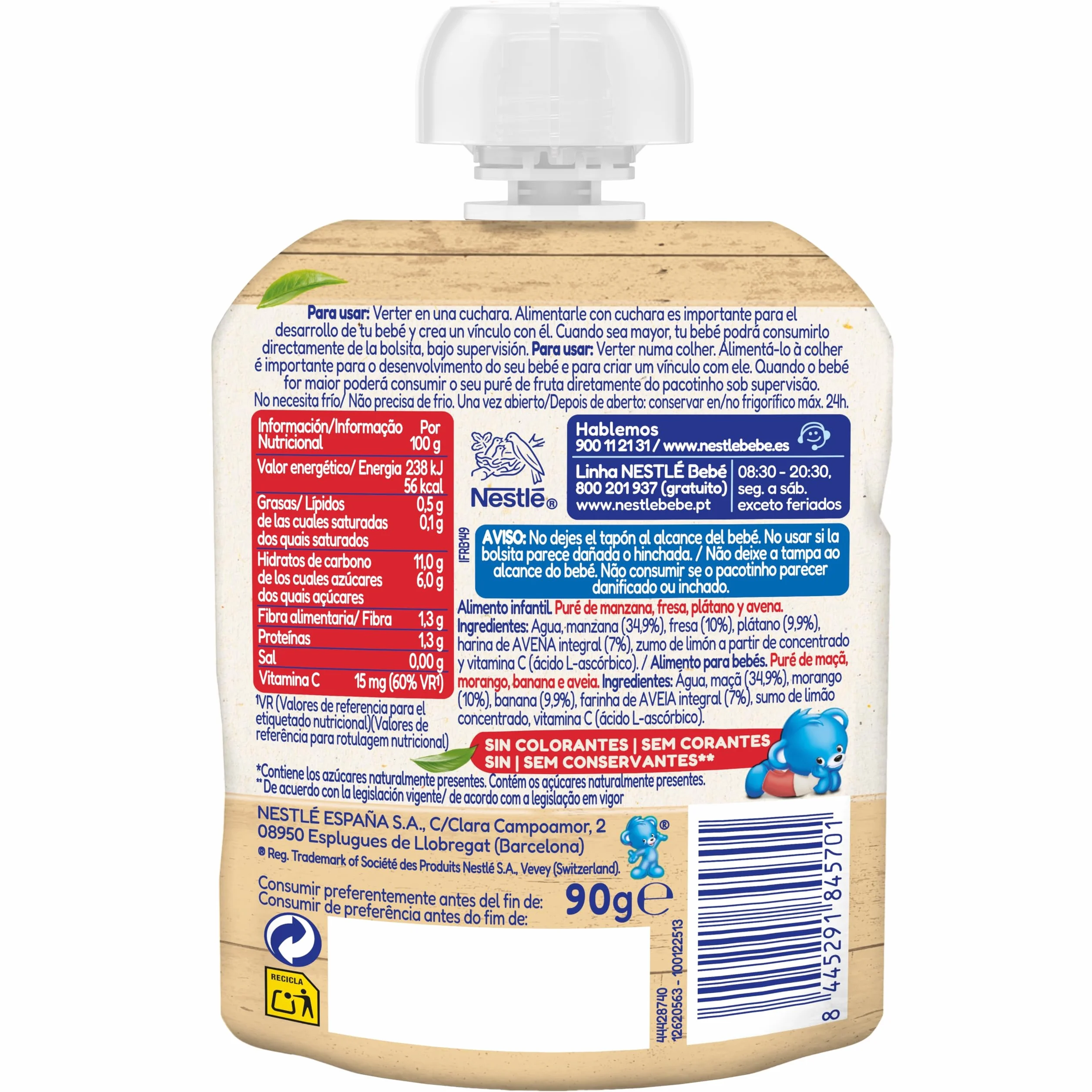 NESTLÉ Puré Manzana Fresa Plátano y Avena para bebés 16x90g