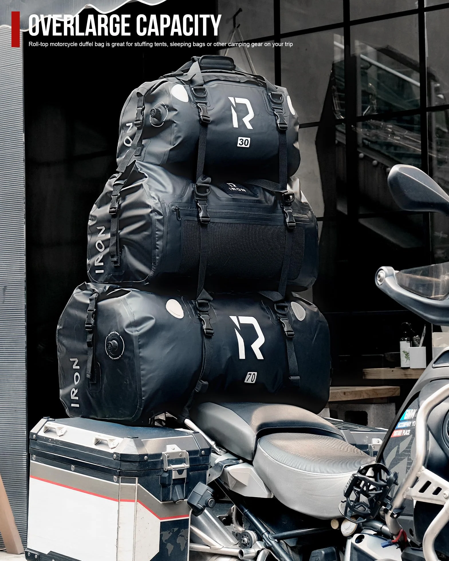 IRON JIA'S Bolsa Impermeable de Viaje para Moto y Ciclismo - Bolsa Trasera con Cierre Superior Enrollable y Correas para los Hombros - Adecuada para Camping y Deportes Acuáticos - 50L