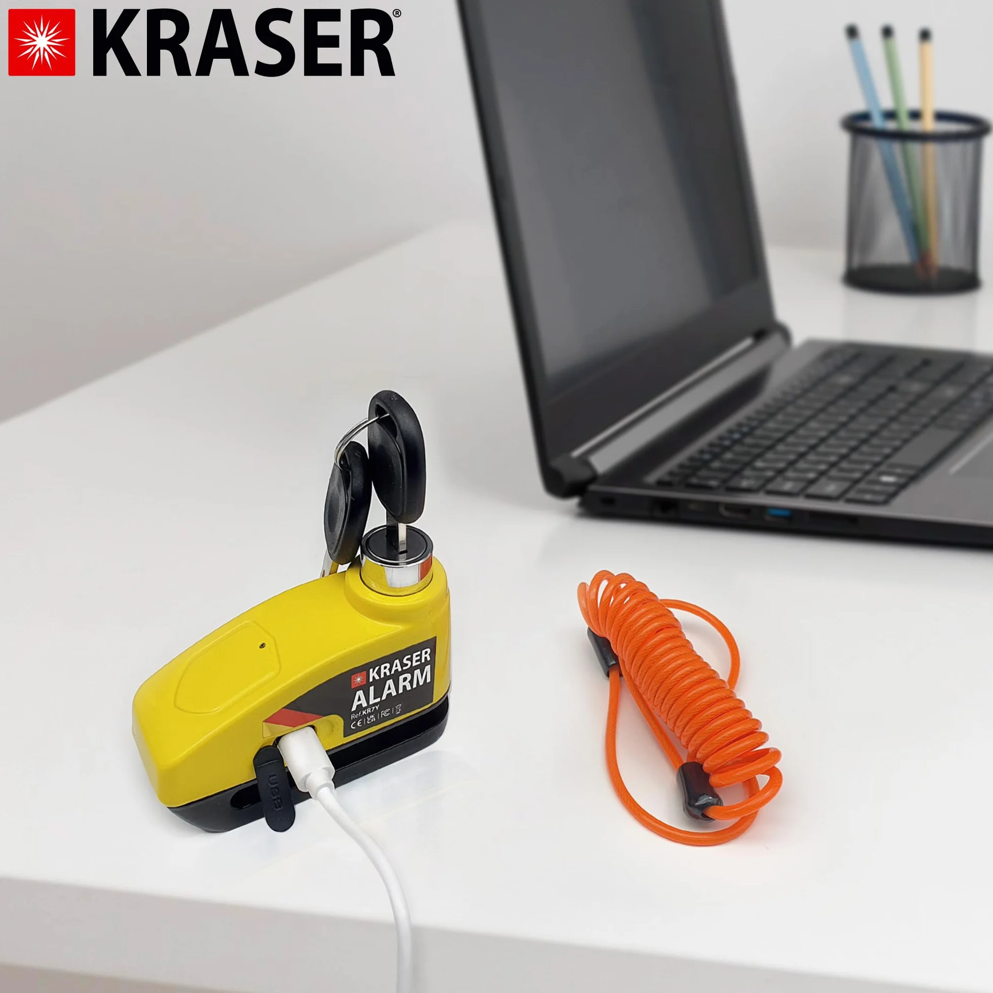 KRASER KR7Y Candado Disco Moto con Alarma 110dB Batería Recargable USB, Sensor de Movimiento, Impermeable Resistente Visible, Antirrobo Cepo Pinza Freno Bloqueo 7mm Universal, Amarillo