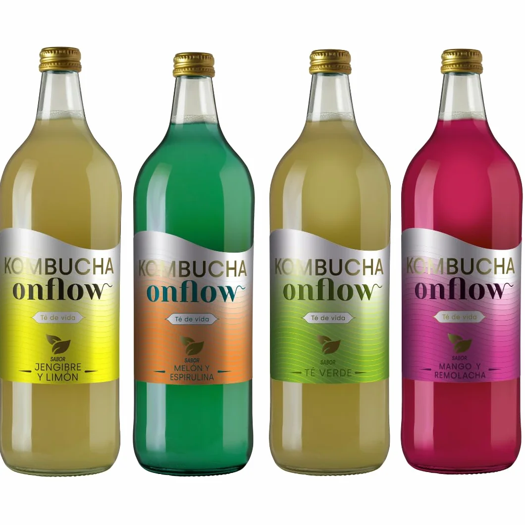 Kombucha Natural Onflow Sin Azúcar Pack 4 Botellas 1L Sabores Jenjibre-Limón Té Verde Mango-Remolacha Melón-Espirulina