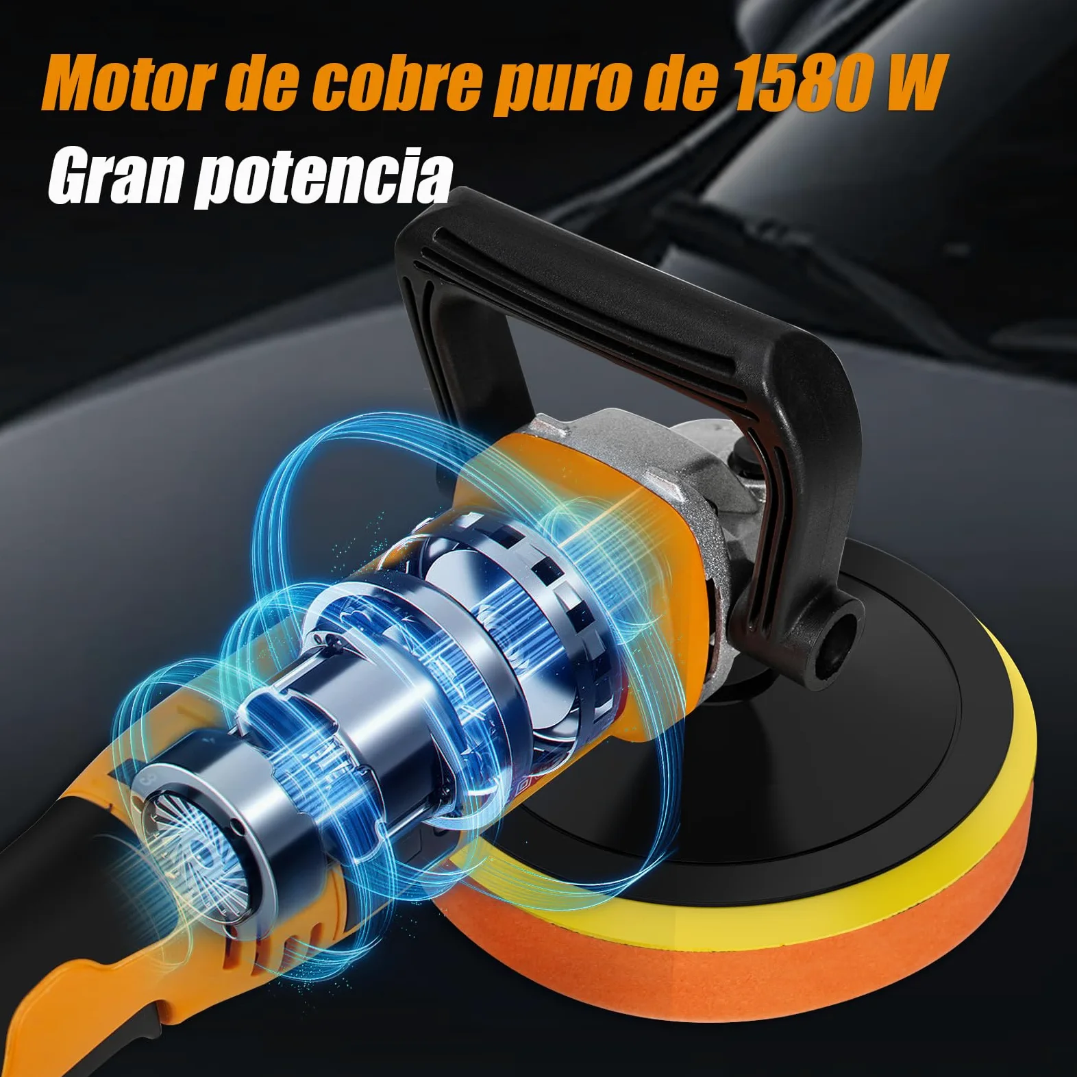 HYCHIKA Pulidora Coche 1580W, Pulidora Rotativa Con 6 Velocidades Control Variable, Pulidora Con Motor de Cobre Puro, con Almohadilla de Pulido de 180 mm, Kit Pulido Coche
