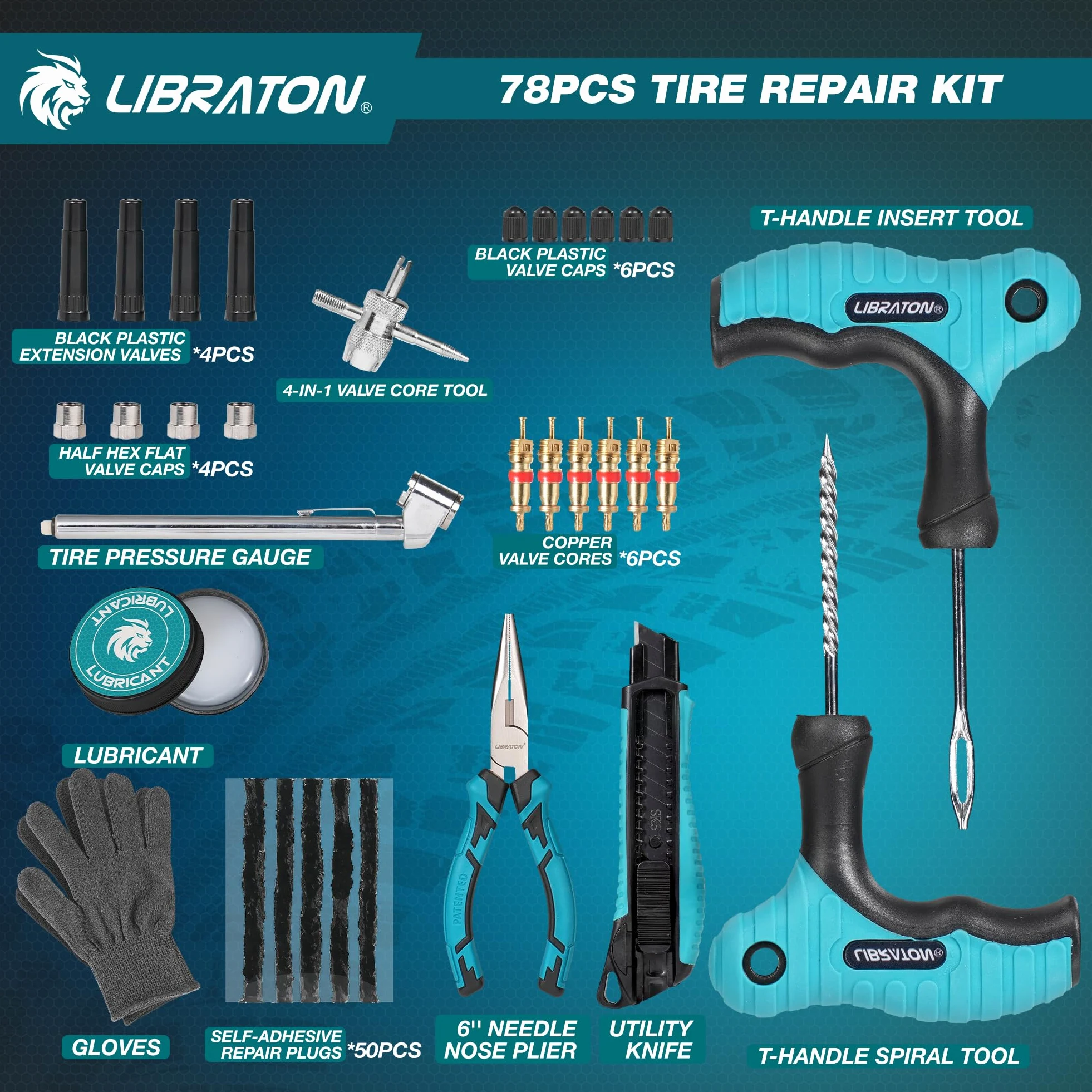 Libraton kit Antipinchazos Coche, 78PCS kit Repara Pinchazos Coche Profesional para Reparar Pinchazos y Parches en Neumáticos sin Cámara, Compacto para Coches, Motos, SUVs, ATVs, Tractores y Remolques