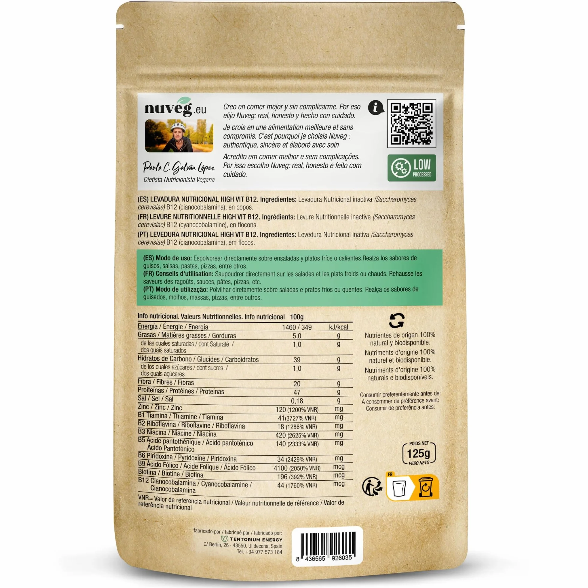 NUVEG Levadura Nutricional B12, Copos 250g Pack 2, Sin Gluten, Alto en Fibra y Proteínas 47%