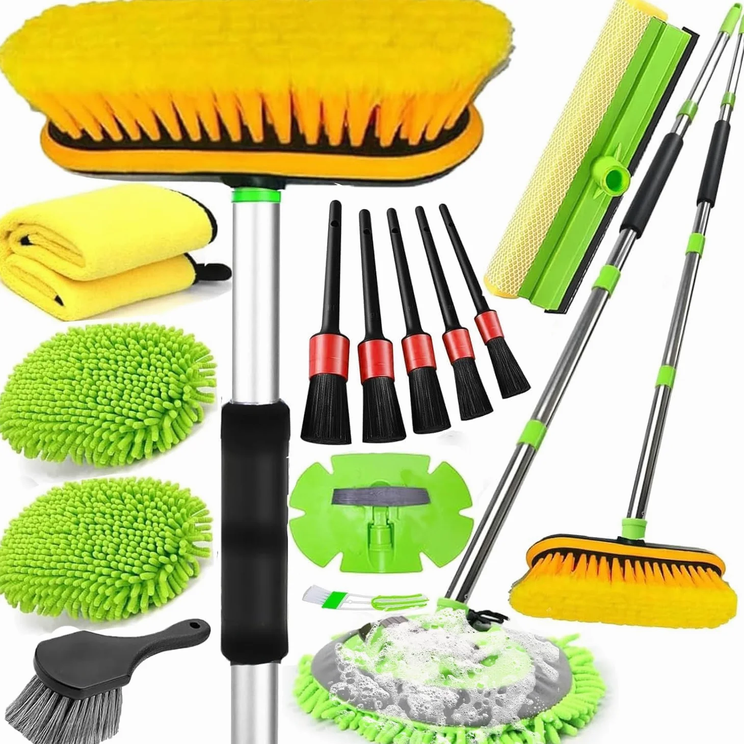 Cepillo de Lavado de Coche de 62 Pulgadas con Mango Largo, cerdas Suaves sin arañazos, Kit de fregona de Lavado de Coche, Kit Completo de Cepillo de Limpieza de Coche, Guante de Lavado,
