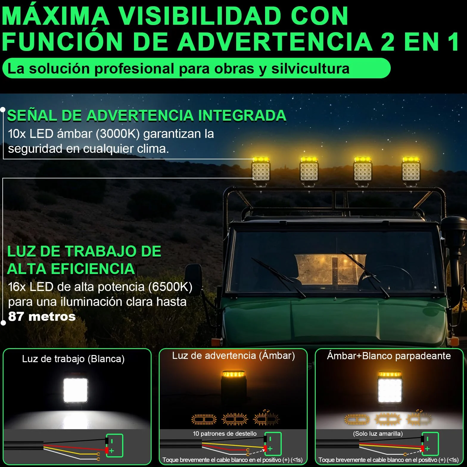 2x Faros de Trabajo LED con Luz de Advertencia (10 Modos), 18W 12V 24V Foco Adicional para Tractor, Camión y Excavadora, IP68 Impermeable y Resistente al Barro, 2 en 1 Luz de Marcha Atrás