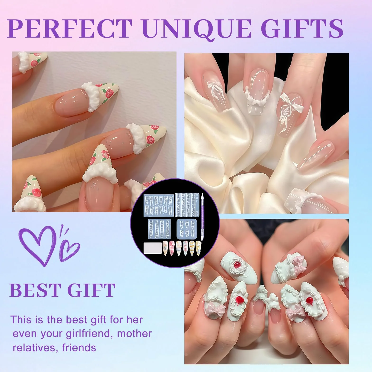 Moldes para Uñas 3D Gel Nail Art Set 4 Piezas Silicona Plantillas de Estampado