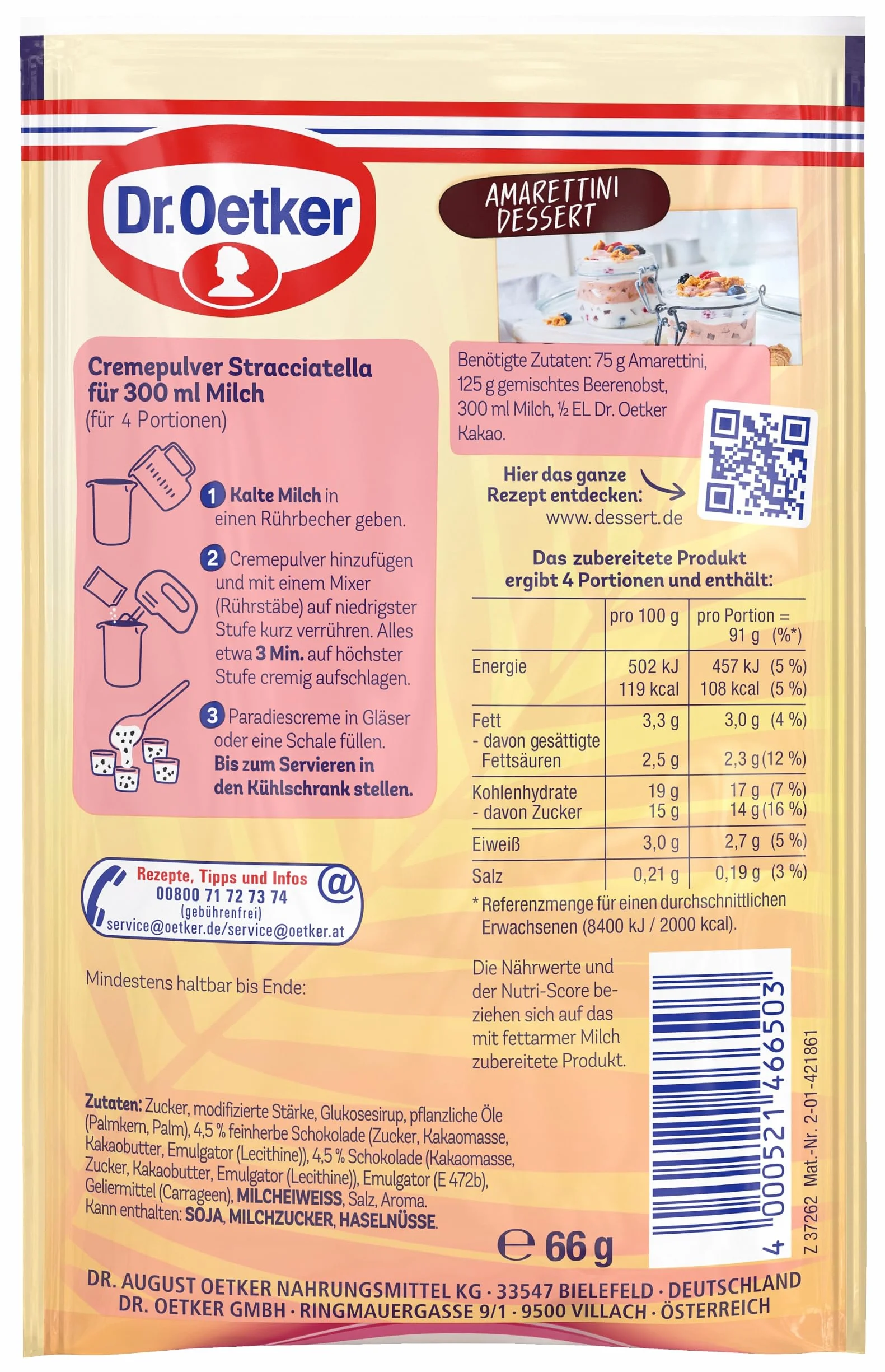 Dr. Oetker paraíso crema Stracciatella, 12 x 66 g