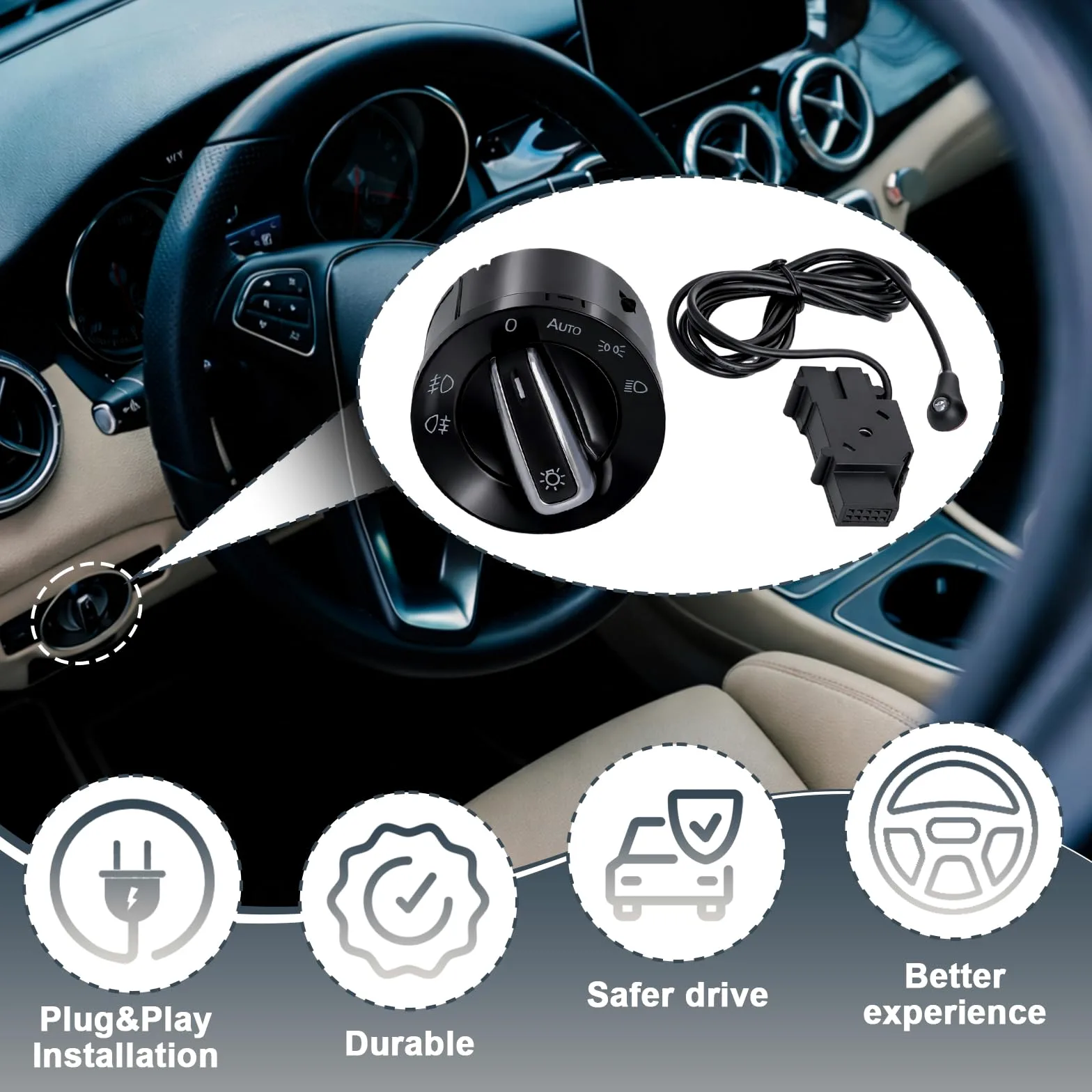 Gainbon Generic - Sensor de luz de coche + interruptor cromado para VW Golf 5 / Golf MK6 / Tiguan/Jetta MK5