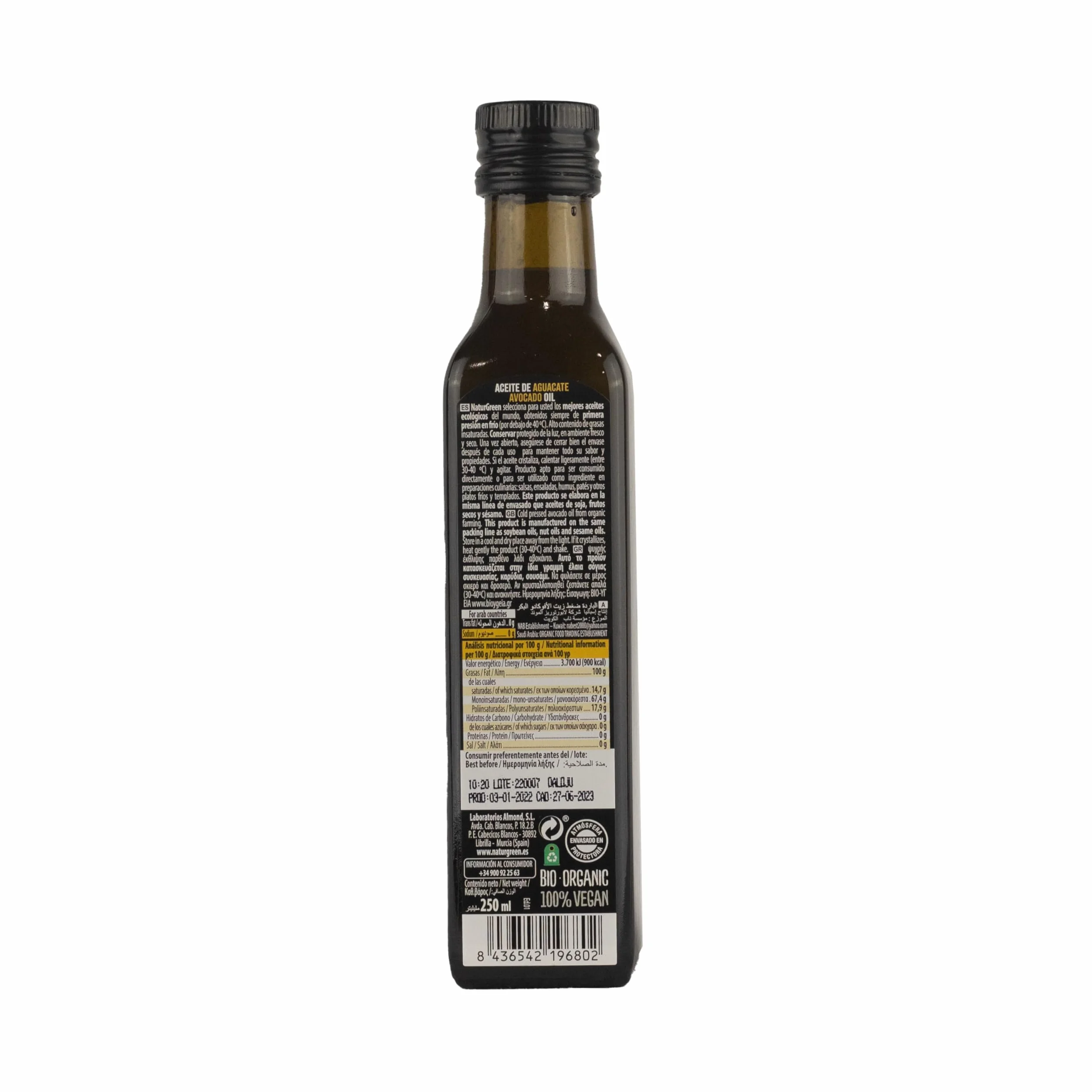 NaturGreen Aceite de Aguacate Bio 250 ml, Primera Presión en Frío, Rico en Ácidos Grasos Saludables
