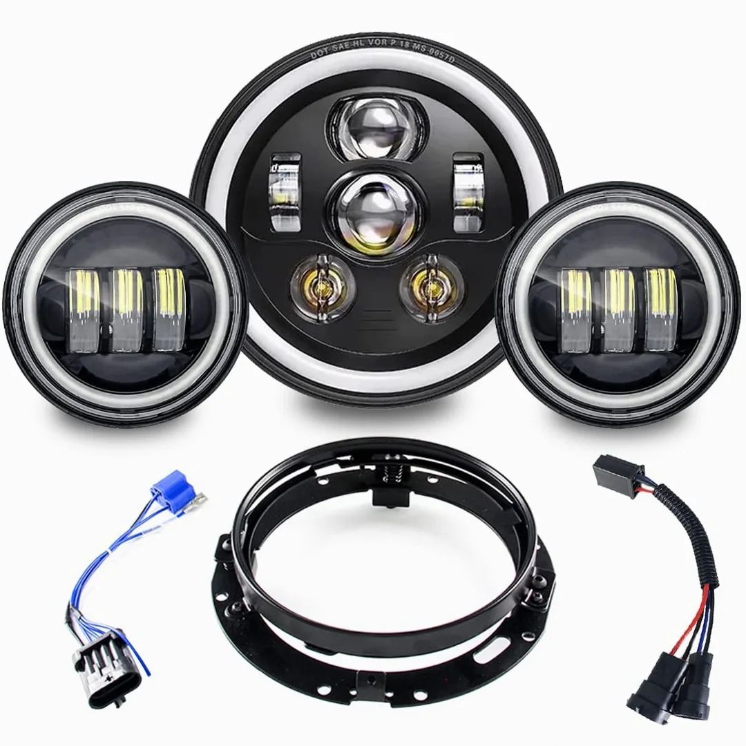 Faros delanteros led de 17,8 cm negros Harley Daymaker y 2 faros antiniebla de 11,50 cm aptos Compatible con motocicleta Harley Davidson Road King (1 juego) | Faro principal de 7 pulgadas + 2 faros antiniebla de 4,5 pulgadas. Negro. Compatible con Harley