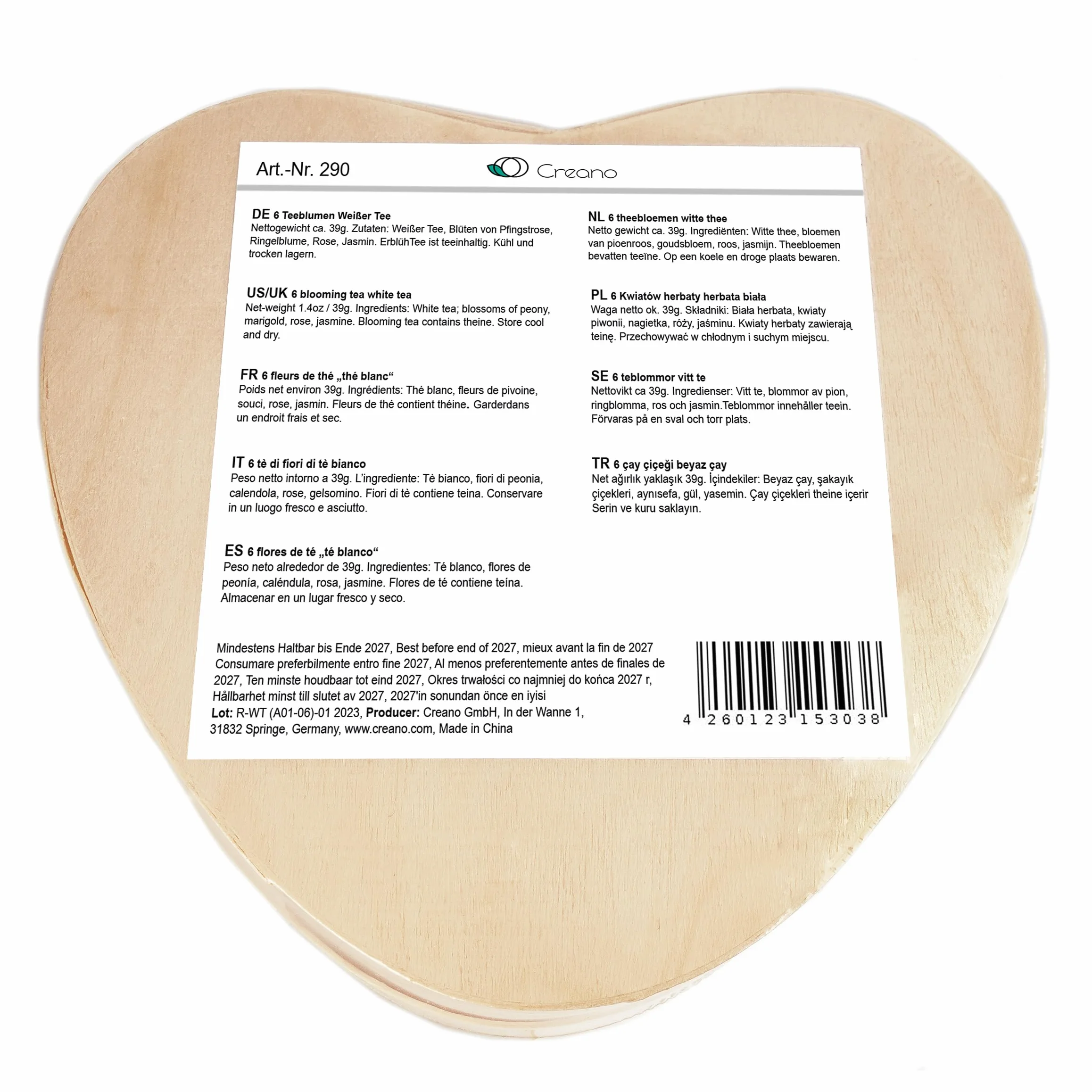 Creano Té Blanco Caja de Madera Corazón 6 uds Rosa de Té Regalo Romántico