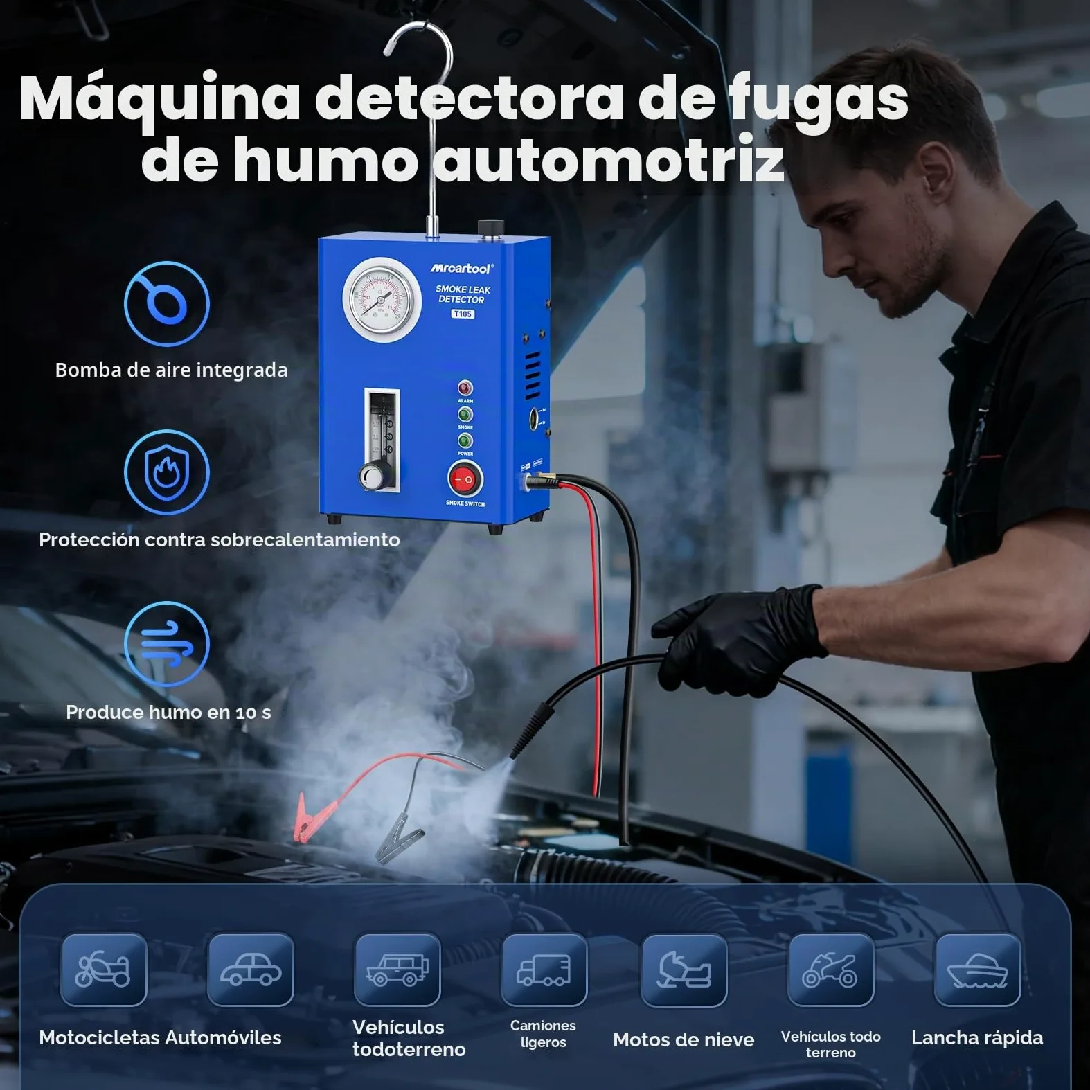 PLAYOCCAR Máquina de Humo, detección de Fugas automática, EVAP con Bomba de Aire integrada y manómetro, 12 V para tuberías, Fugas de Combustible y vacío, Todos los Coches.