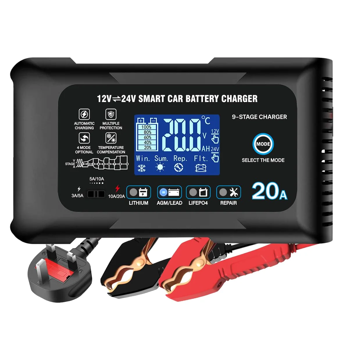 Haisito Cargador de batería de coche de 20 A, 12 V, 24 V, 20 A, cargador de goteo y dispositivo de desulfuración, adecuado para litio, LiFePO4, plomo ácido (AGM, gel, etc.) motocicletas, coches