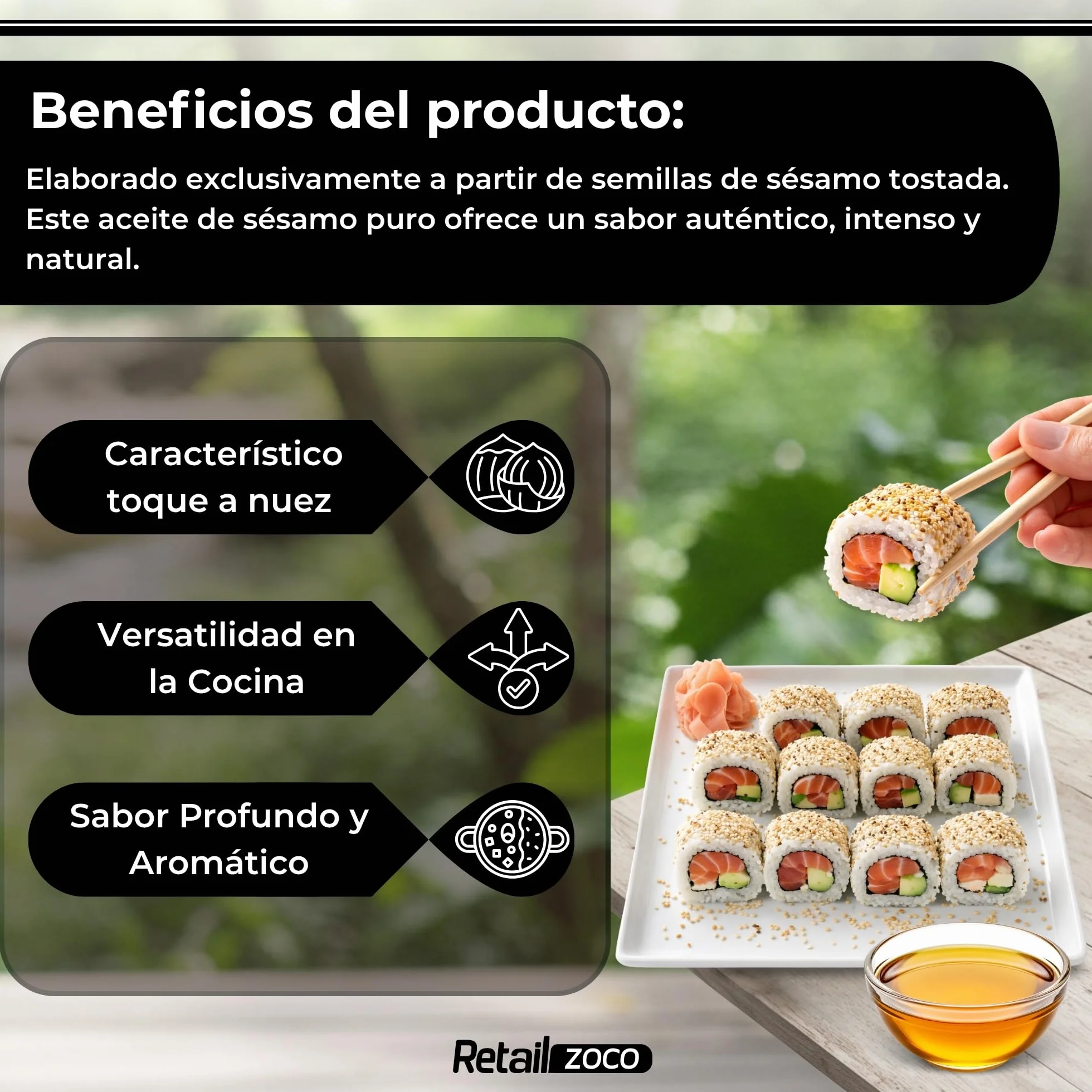 Aceite de Sésamo Puro 100% Tostado, 150 ml, para Wok, Ramen, Sushi