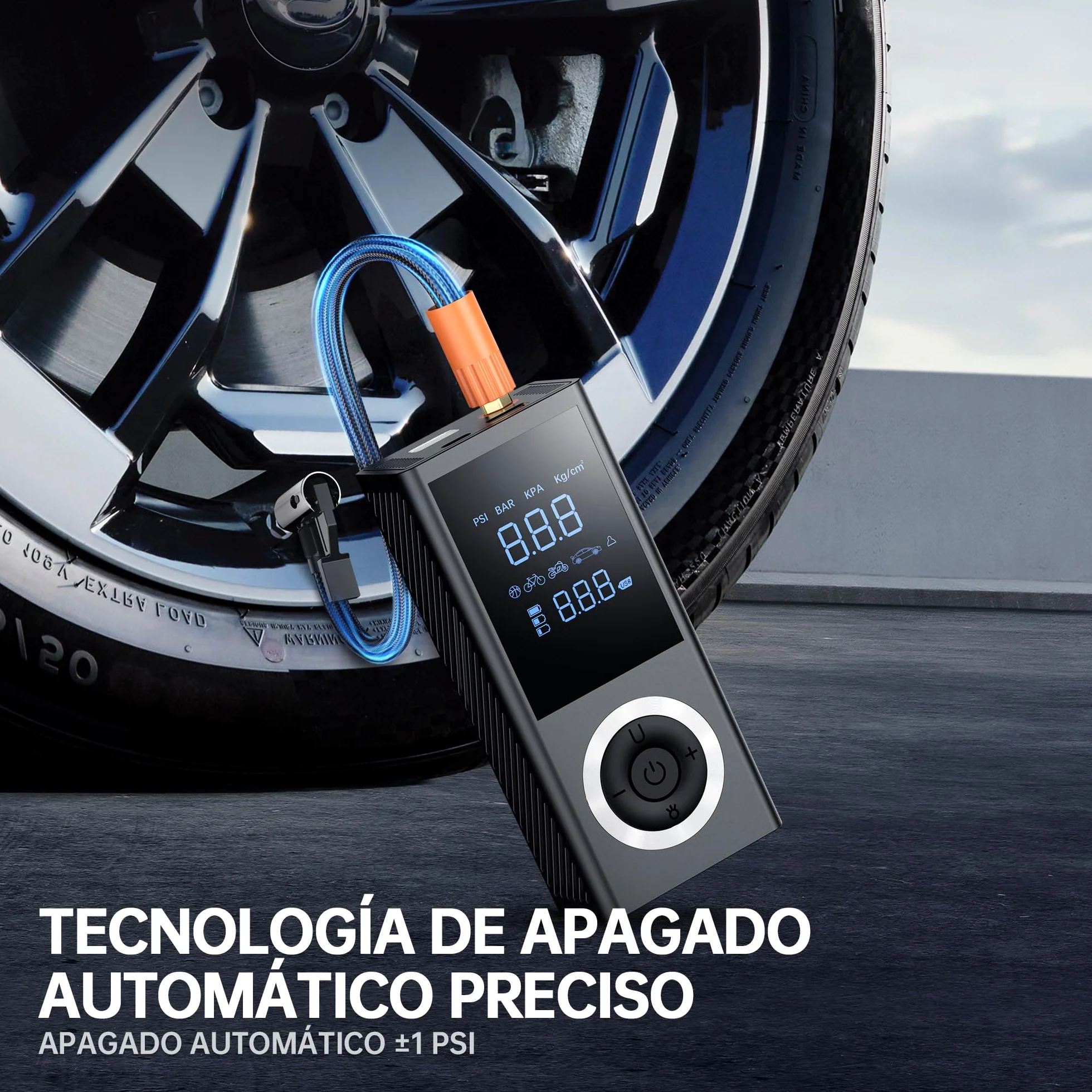Inflador de Neumáticos 150 PSI – Compresor de Aire Portátil e Inalámbrico con Pantalla Digital, Luz LED, Apagado Automático y Batería Recargable 10000 mAh para Coche, Moto y Bicicleta