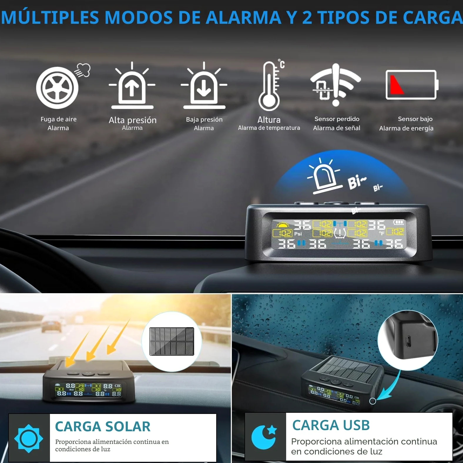 Sistema de control de presión de neumáticos KAOLALI compatible con 6 ruedas, con monitor de presión de neumáticos con pantalla digital, 9,9 bares/144 PSI máx., carga solar y USB, para camiones