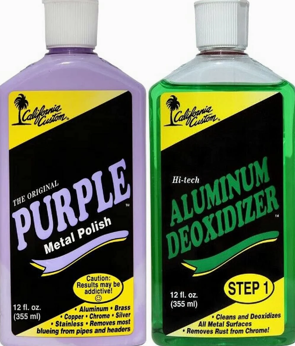 CALIFORNIA CUSTOM Productos: esmalte de metal violeta + desoxidante de aluminio, sin silicona, seguro para carrocería, ideal para aluminio, latón, cobre, cromo, plata, acero inoxidable y oro