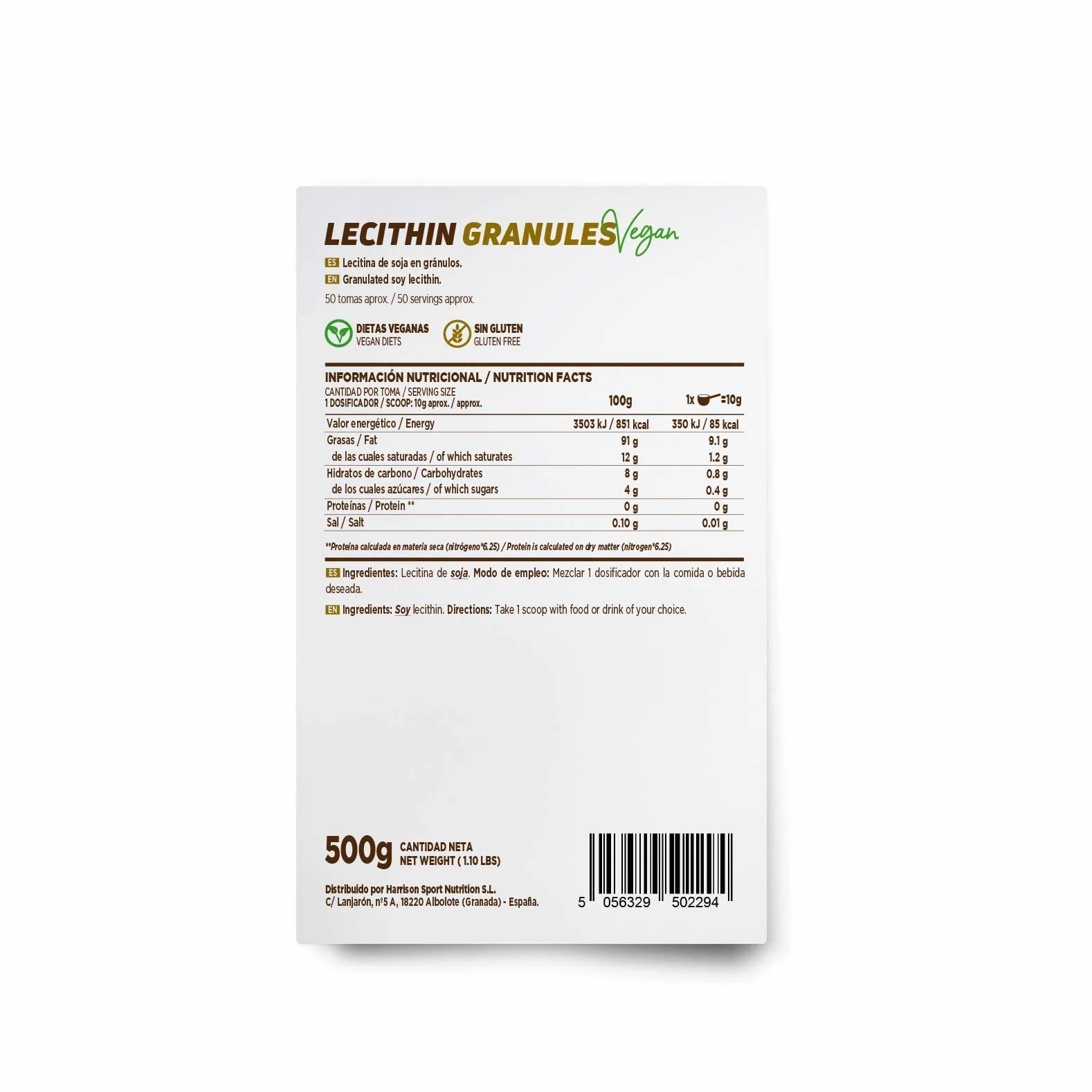 Lecitina de Soja Granulada HSN 500 g 50 Tomas Non-GMO Sin Gluten Apto Vegano
