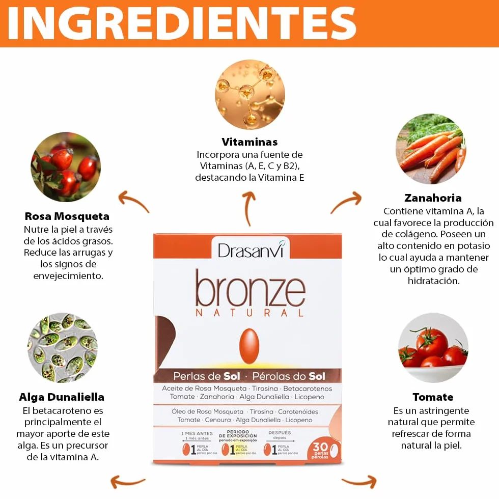 DRASANVI Acelerador de bronceado Betacarotenos Protege la Piel UVA Previene Envejecimiento Rosa de Mosqueta Tomate Zanahoria Alga Dunaliella Vitamina E Licopeno Luteína 30 días