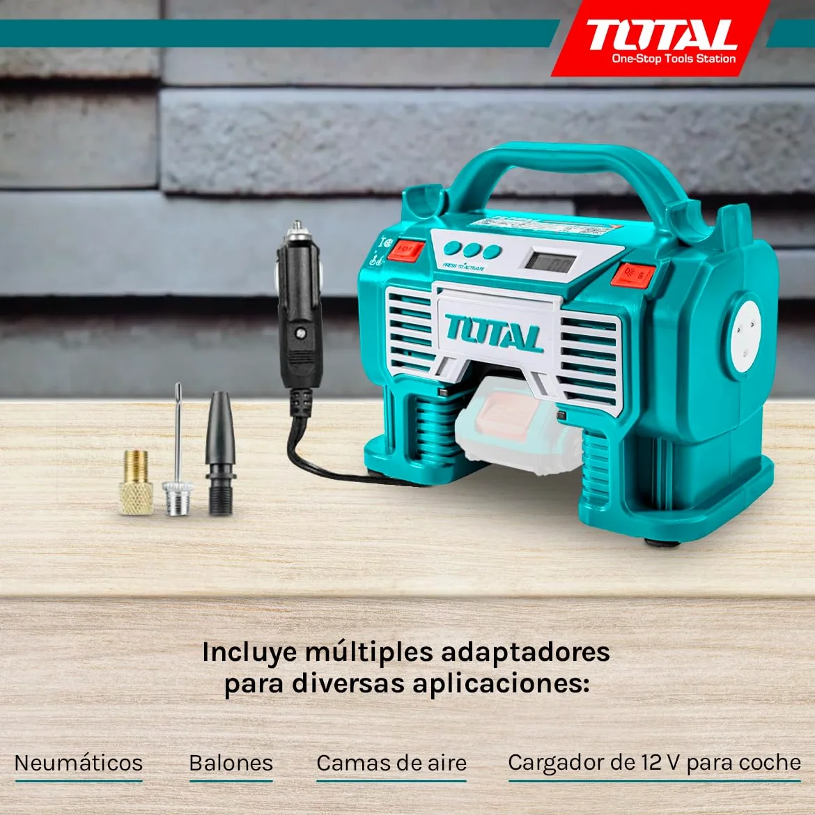 TOTAL - Compresor Híbrido a Batería P20S de 20 V - Bomba de Aire Eléctrica para Inflar Balones, Colchones y Neumáticos - Cargador de 12 V para Coche - Incluye Adaptadores