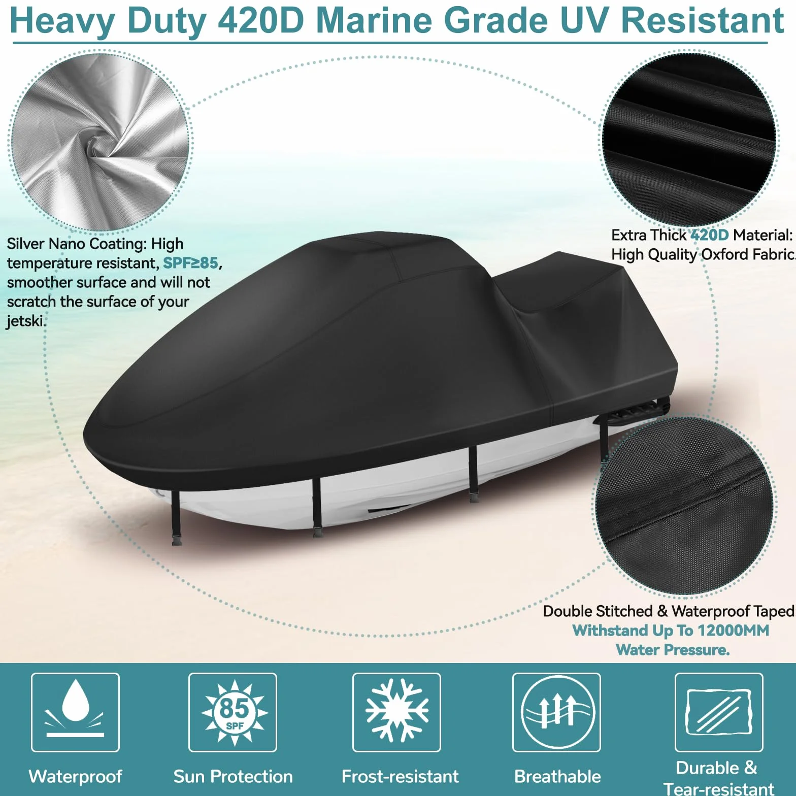 Funda para moto acuática 420D resistente al agua de 3 plazas, cubierta Waverunner mejorada con 2 rejillas de ventilación, 4 hebillas resistentes al viento, funda universal para todo tipo de clima para