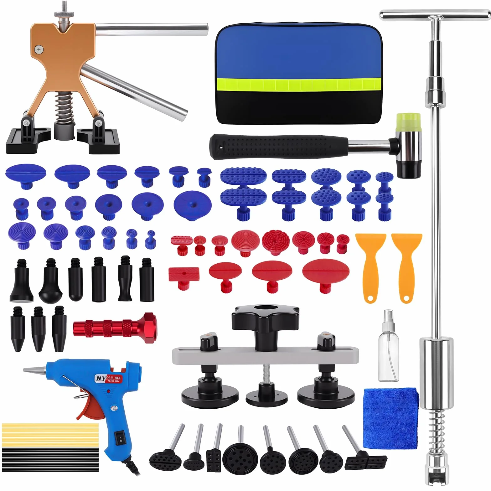 KAOLALI Kit de Extractor de Abolladuras de Coche, 78Pcs Kit de reparación de abolladuras, con Extractor de Abolladuras Dorado de Puente y Pistola de Pegamento para Reparación de Abolladuras de Coche