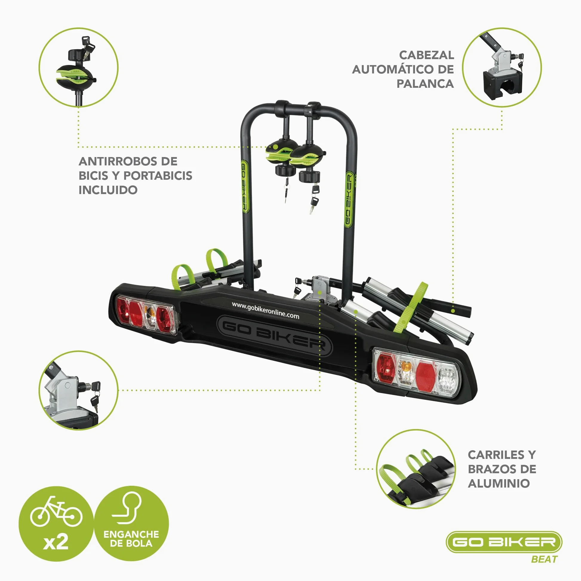 Portabicicletas Beat para 2 Bicicletas Bola de Remolque antirrobo, 15kg x Carril, chasis de Acero/Aluminio, Brazos Ajustables Todo Tipo de Bicicletas, Doble Cierre de Seguridad, 13 a 7 Pines