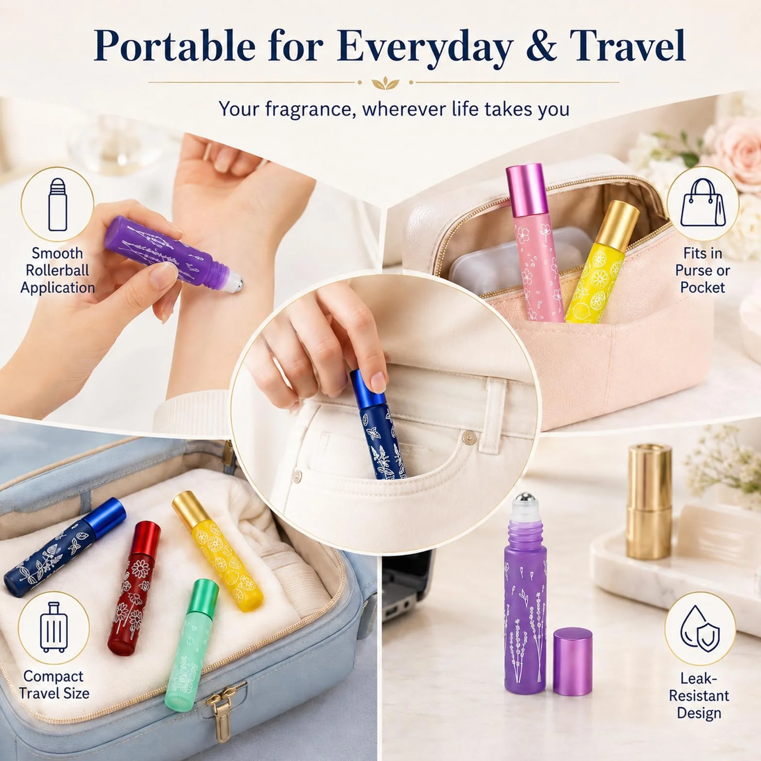 Redamancy 6 Botellas Roll On Rellenables de Cristal 10ml Set de Colores con Embudos y Abridor para Aceites Esenciales