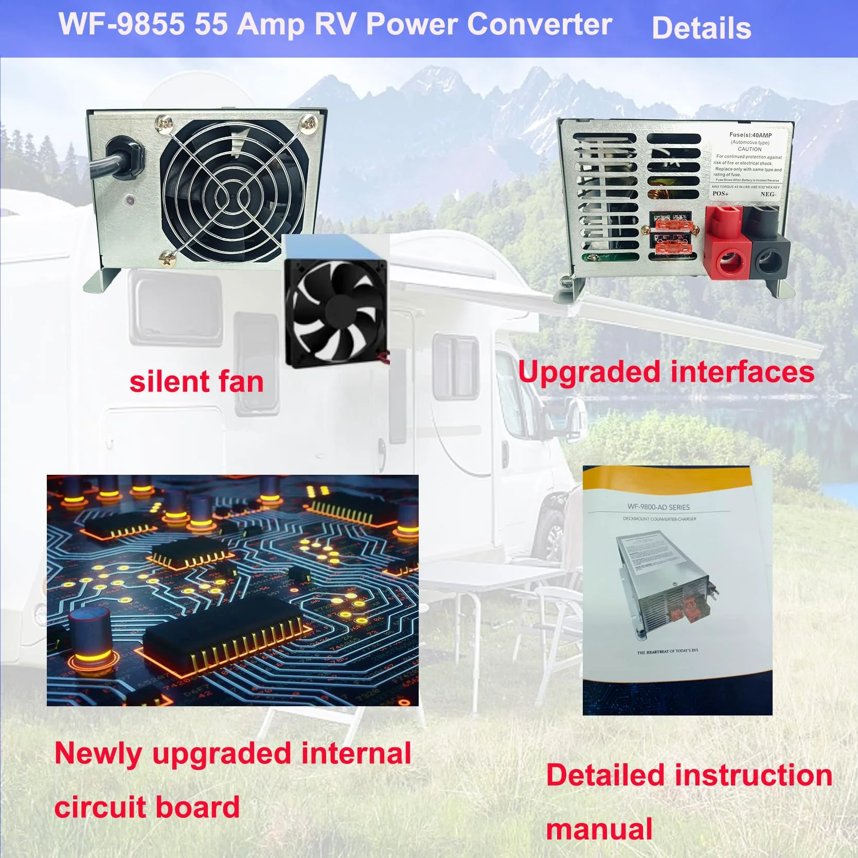 WF-9855 - Convertidor de alimentación RV de montaje en cubierta de 55 amperios, repuesto para RV, remolque, cámper, serie 9800
