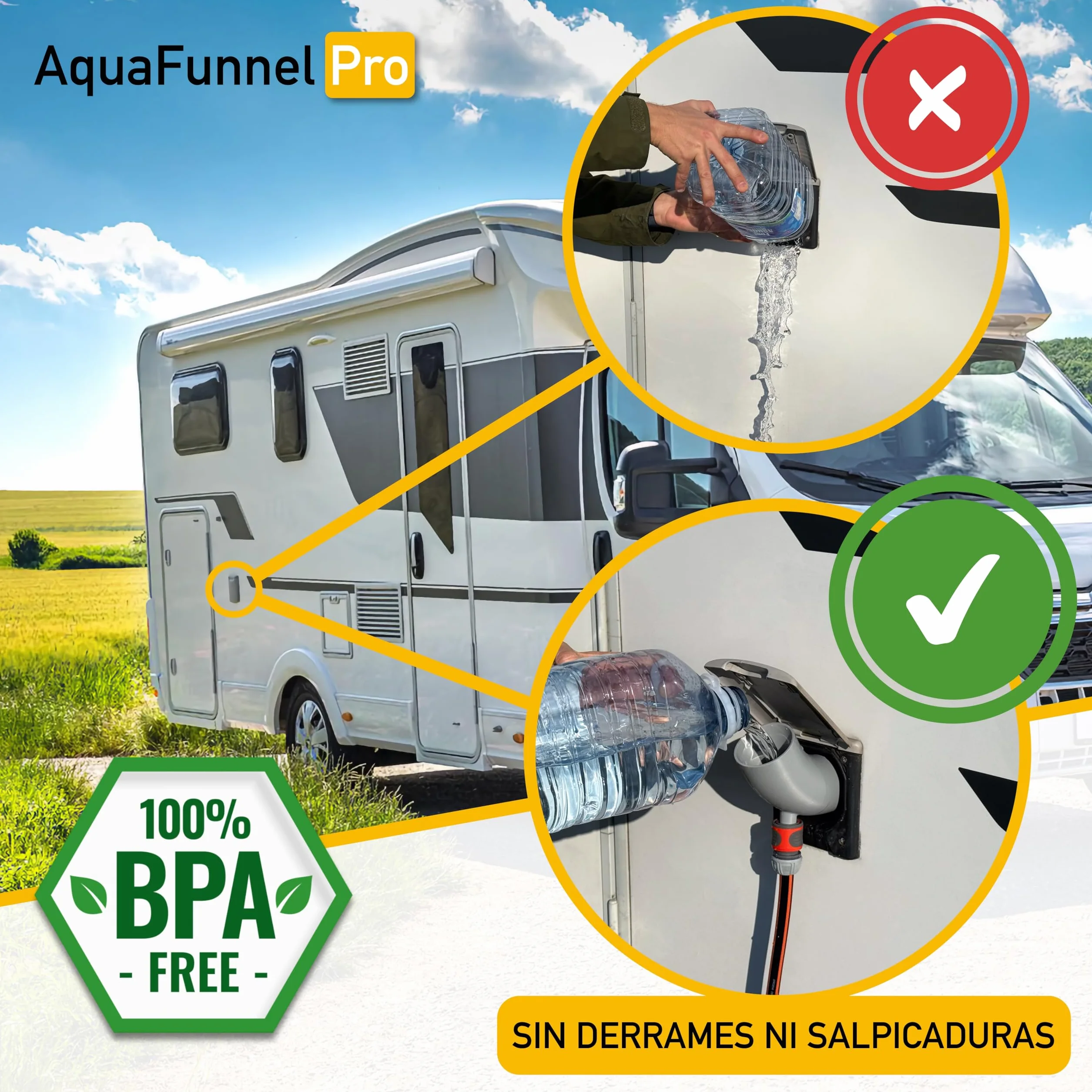 AquaFunnel Pro – Embudo para depósito de agua limpia de autocaravanas y campers, compatible con tapones estándar europeos, llenado con botellas y manguera. (78 mm - 3 pins)