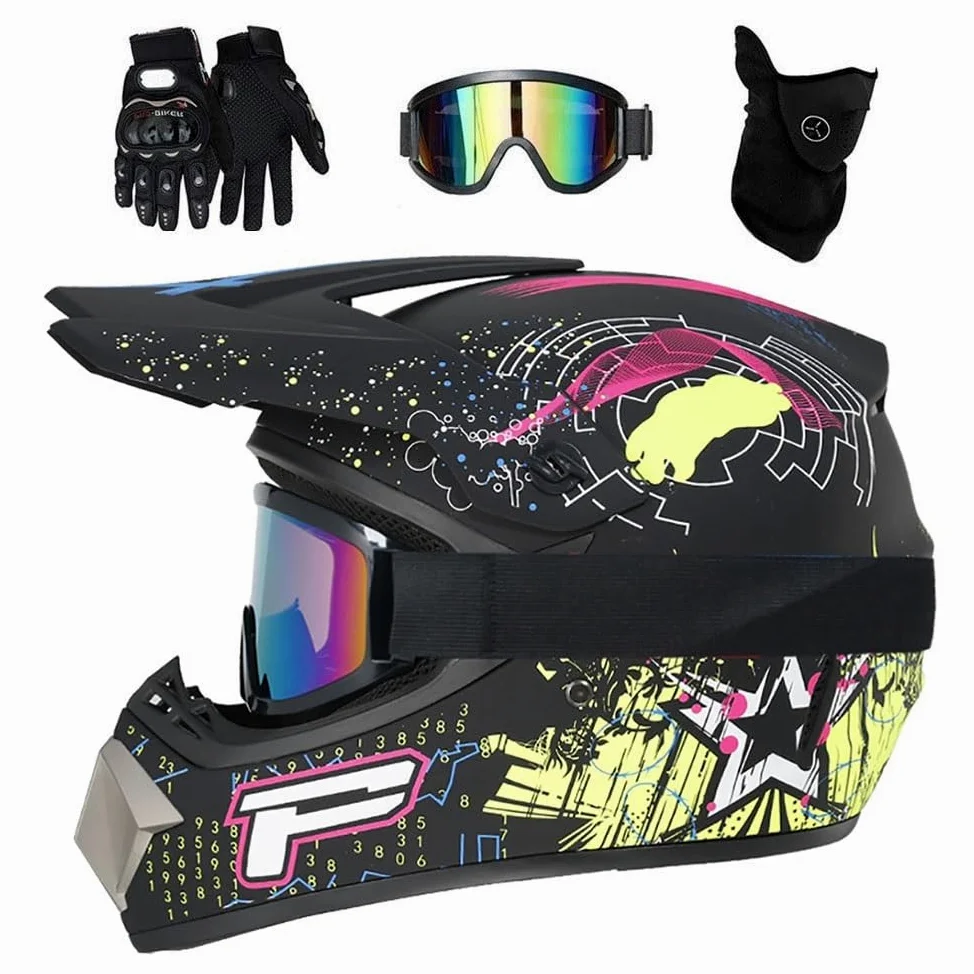 Unisexo MTB Casco de Motocross, Juventud Niños Integral Todoterreno ATV Moto Cascos, Deporte Al Aire Libre Descenso Enduro Quad Dirt Bike Chocar Casco, con Gafas Guantes Mascarilla