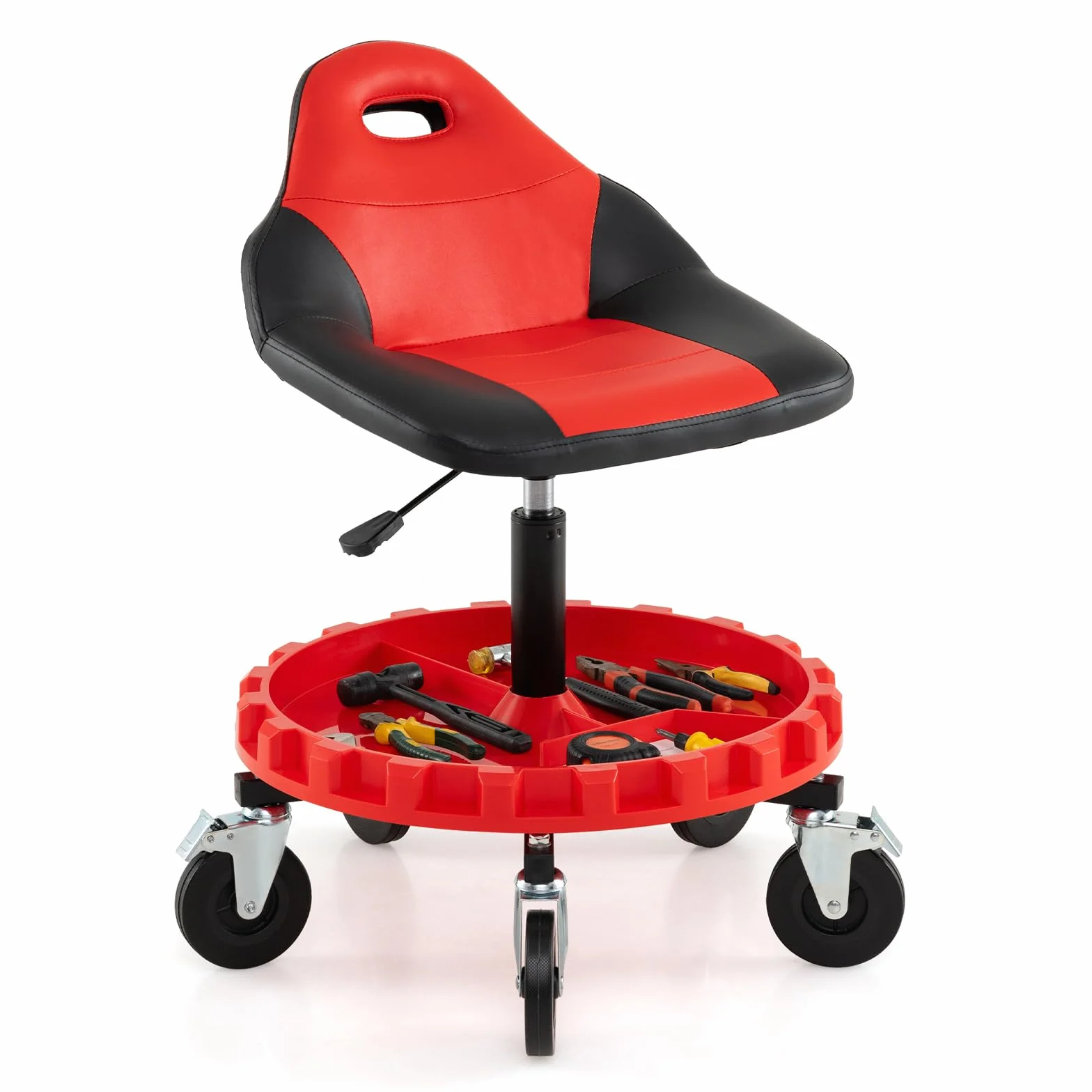 GYMAX Taburete de Taller, Taburete Mecánico con Asiento Aolchado Giratorio, Altura Ajustable, Bandeja para Herramientas, 5 Ruedas Universales, Asiento Rodante para Garaje Reparación Carga 150 kg
