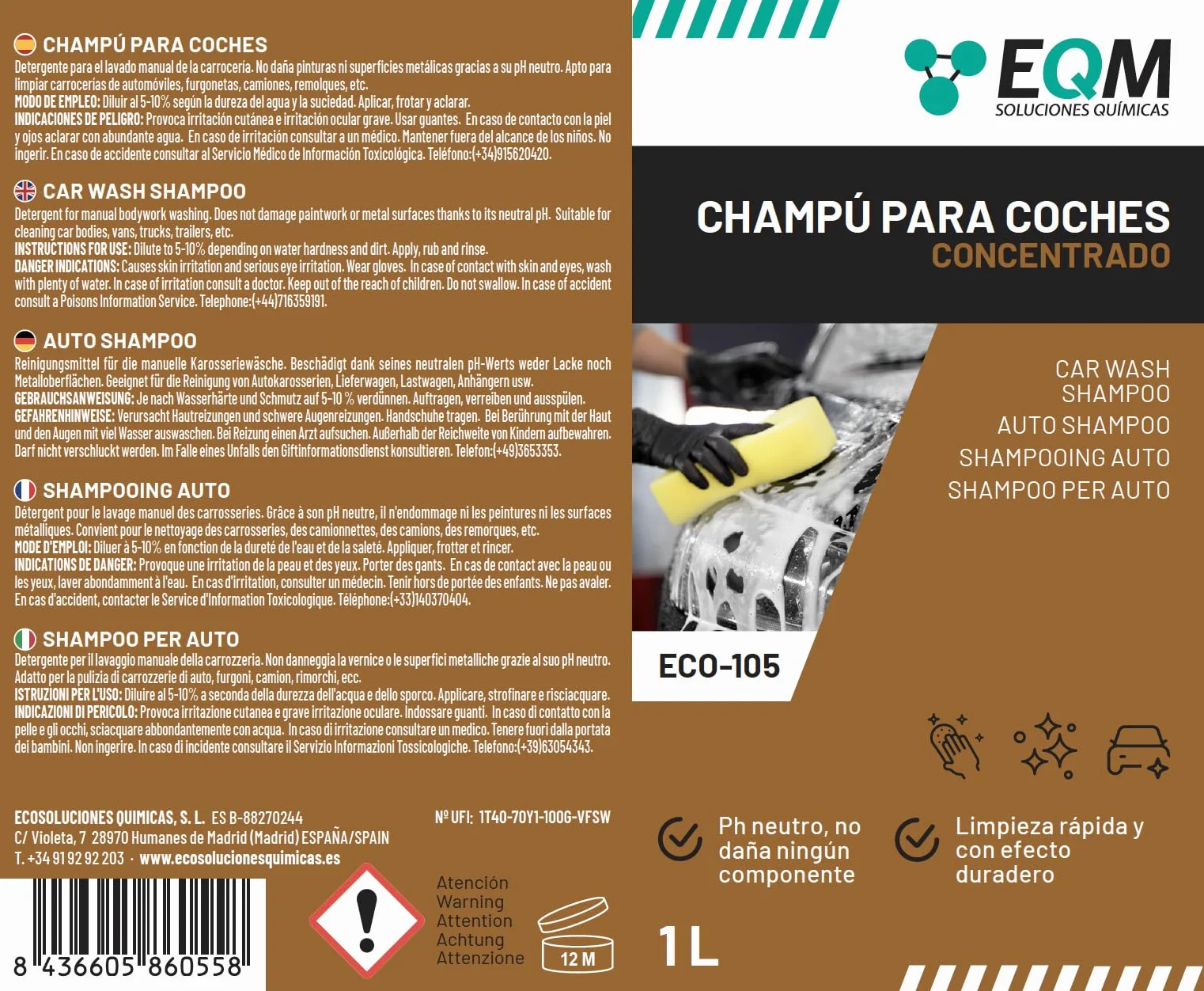 Champú Concentrado para Coche ECO-105 1L pH Neutro