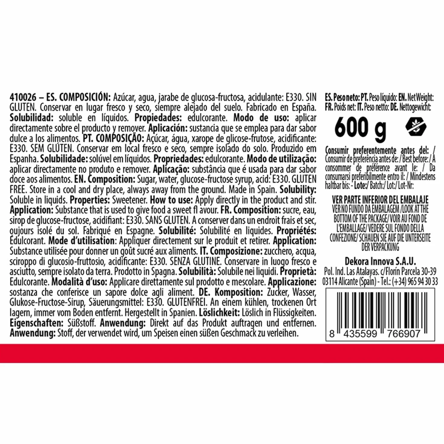 Azúcar Líquido Invertido 600 g para Pastelería y Heladería