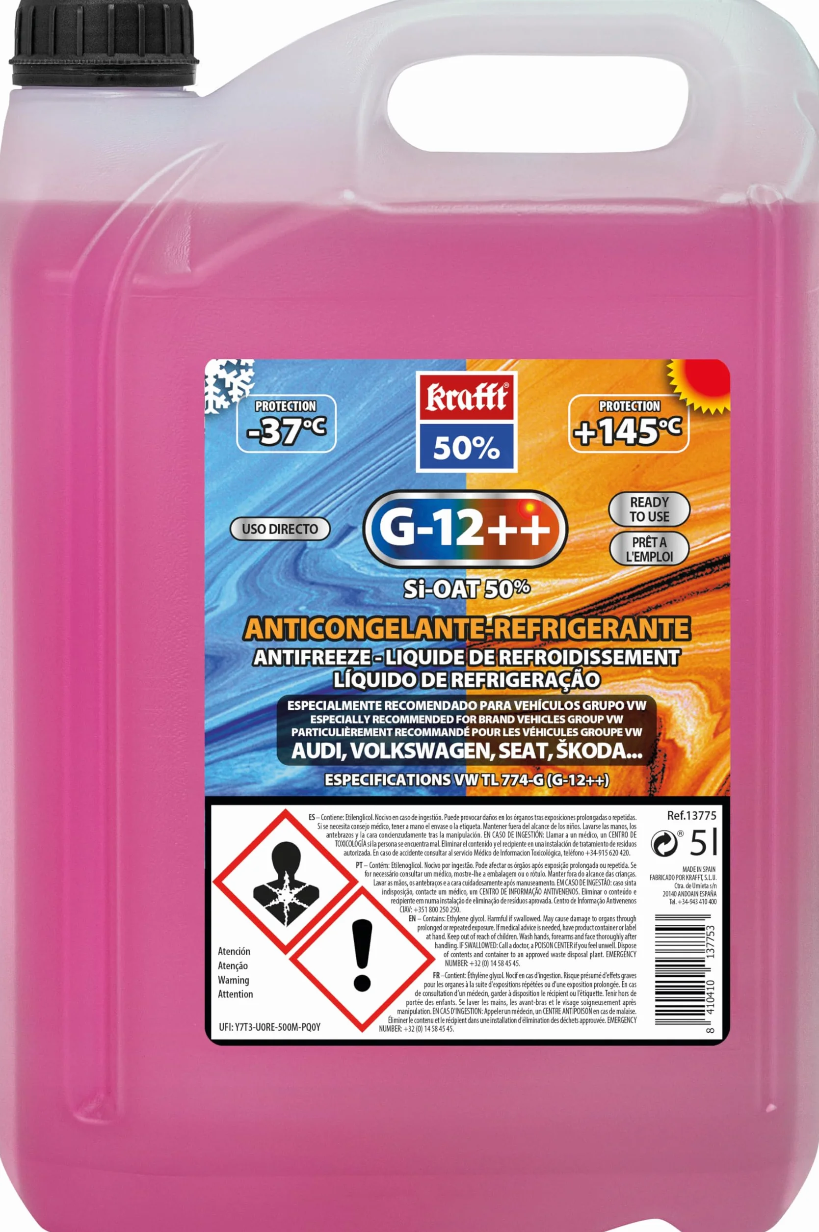 Krafft Anticongelante Coche Rosa G12++ Líquido Refrigerante Tecnología Híbrida 5 L