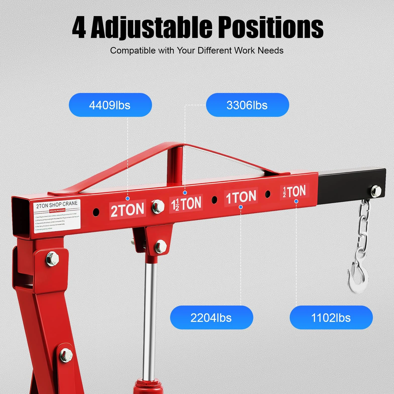 Grúa de motor plegable, 2T 2000 kg, elevador de motor, altura 2,1 m, grúa de taller con cilindro hidráulico 8T, 4 posiciones, 6 ruedas, acero al carbono, distancia del gancho al suelo de 148 cm, para