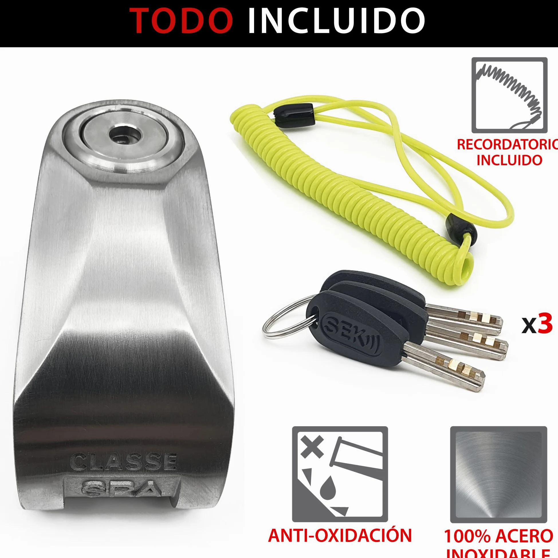 KRASER KR114S Candado Moto Disco Homologado SRA, Doble Bloqueo ø14mm +Ligero, Cerradura Acero Inoxidable Alta Seguridad, Cable Recordatorio, Antirrobo Motocicleta Pinza Scooter, Bicicleta Eléctrica