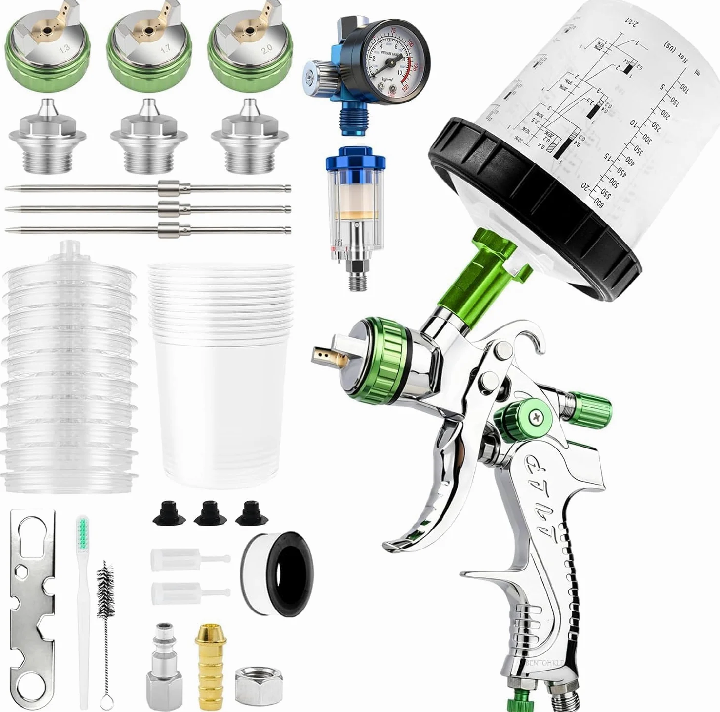 LVLP - Pistola de pulverización de Aire con 10 Tazas mezcladoras Desechables y regulador de Aire, Boquilla de 1.3/1.7/2.0 mm, Pistola de Pintura para automóviles, Pintura de casa, Muebles