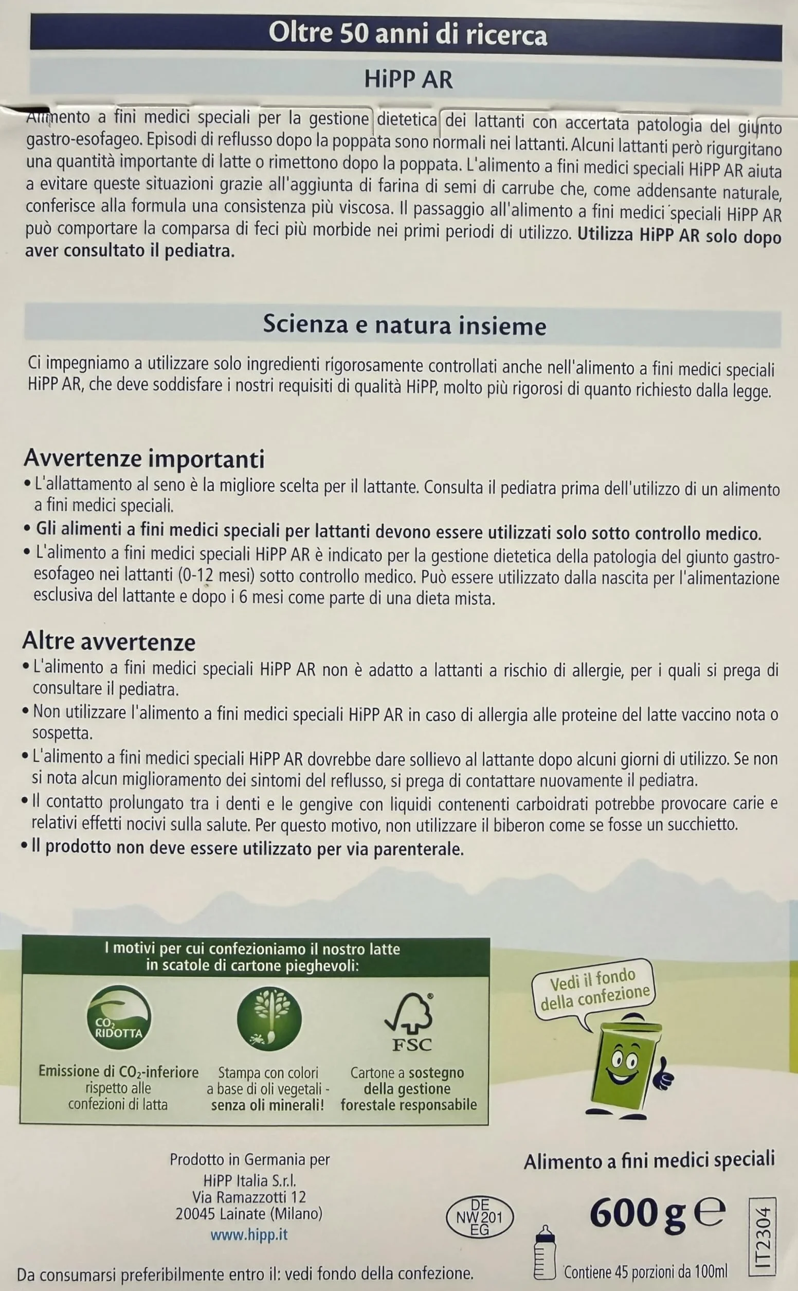 Hipp AR Latte Anti-reflusso Alimento a fini medici Speciali 600g